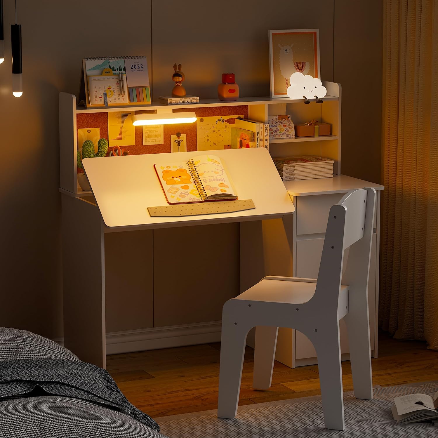 MSFE Children's Desk with Wooden Chair, Desk Set with 0 to 40° Inclined Surface and Tricolour Light, Desk Table with Storage Space and Bulletin Board