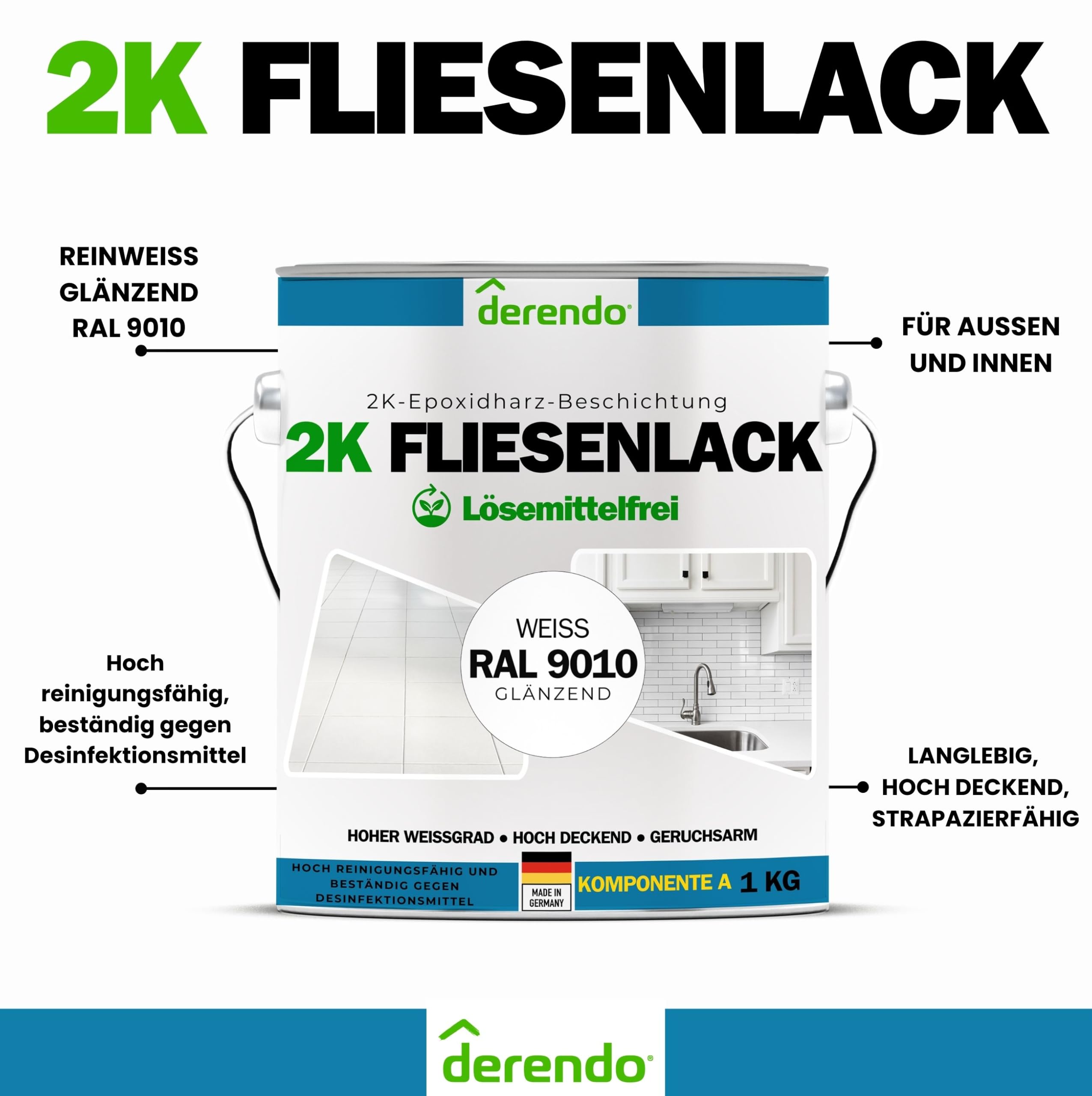 derendo 2K Fliesenlack weiß glänzend (RAL 9010) Epoxidharz mit Härter weiße Fliesenfarbe Badezimmer Fliesenlack 2K Lack Badewanne reinweiss für Innen & aussen (1, Kilogramm)