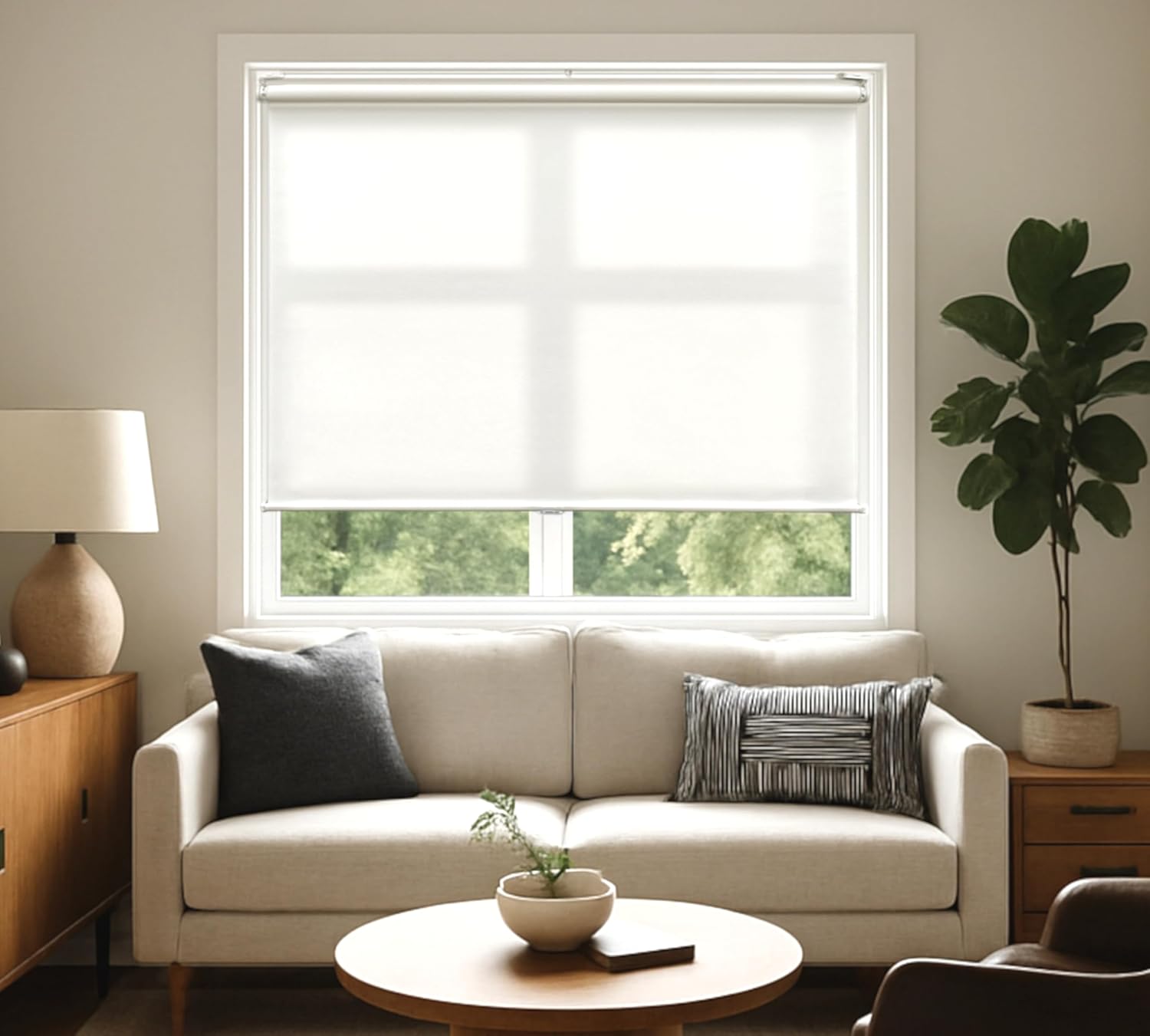 BlindsAvenue Cordless Polyester Roller Shade, Light-Filtering Blinds for Indoor Windows, White, Size: 35" W x 48" H