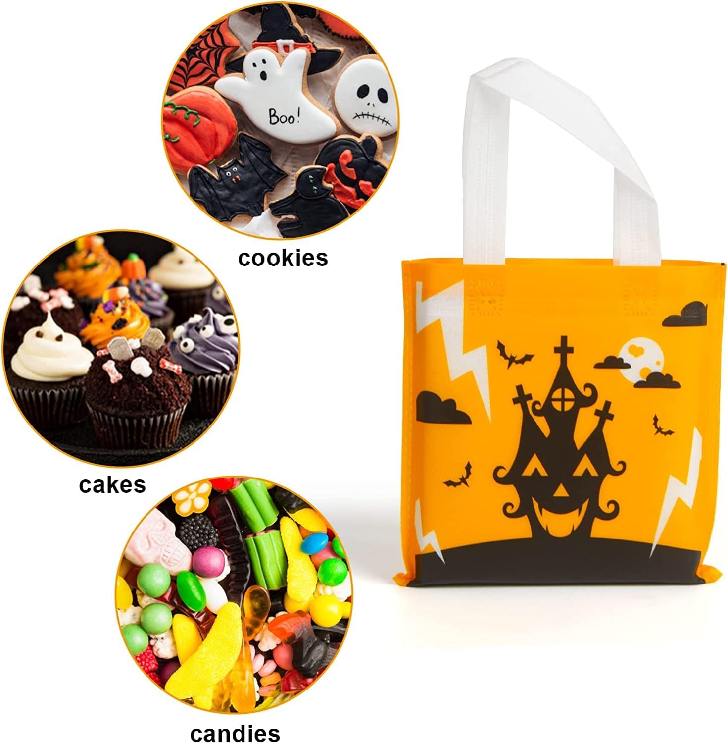 FINGOOO 24 pieces Halloween Non-woven Bags, 8 by 8 inches Spider Pumpkin Bat Trick or Treat Tote Bag Goodie Bags for Kids - Image 4