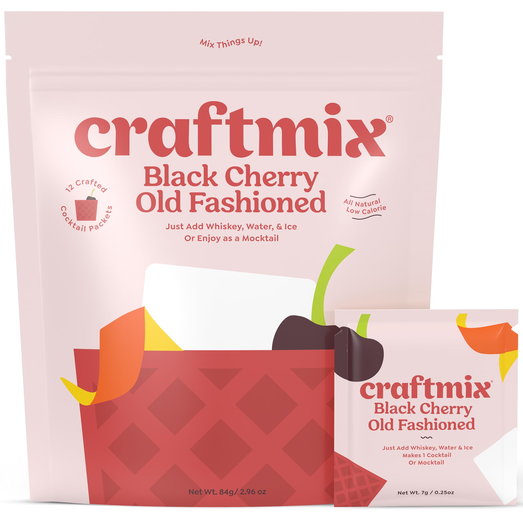 Craftmix Black Cherry Old Fashioned Mix, Makes 12 Drinks, Bourbon and Whiskey Cocktail Mixer, Instant Skinny Cocktail and Mocktail Mix - With Real Fruit - Vegan Low Carb, Low Sugar, Non-GMO