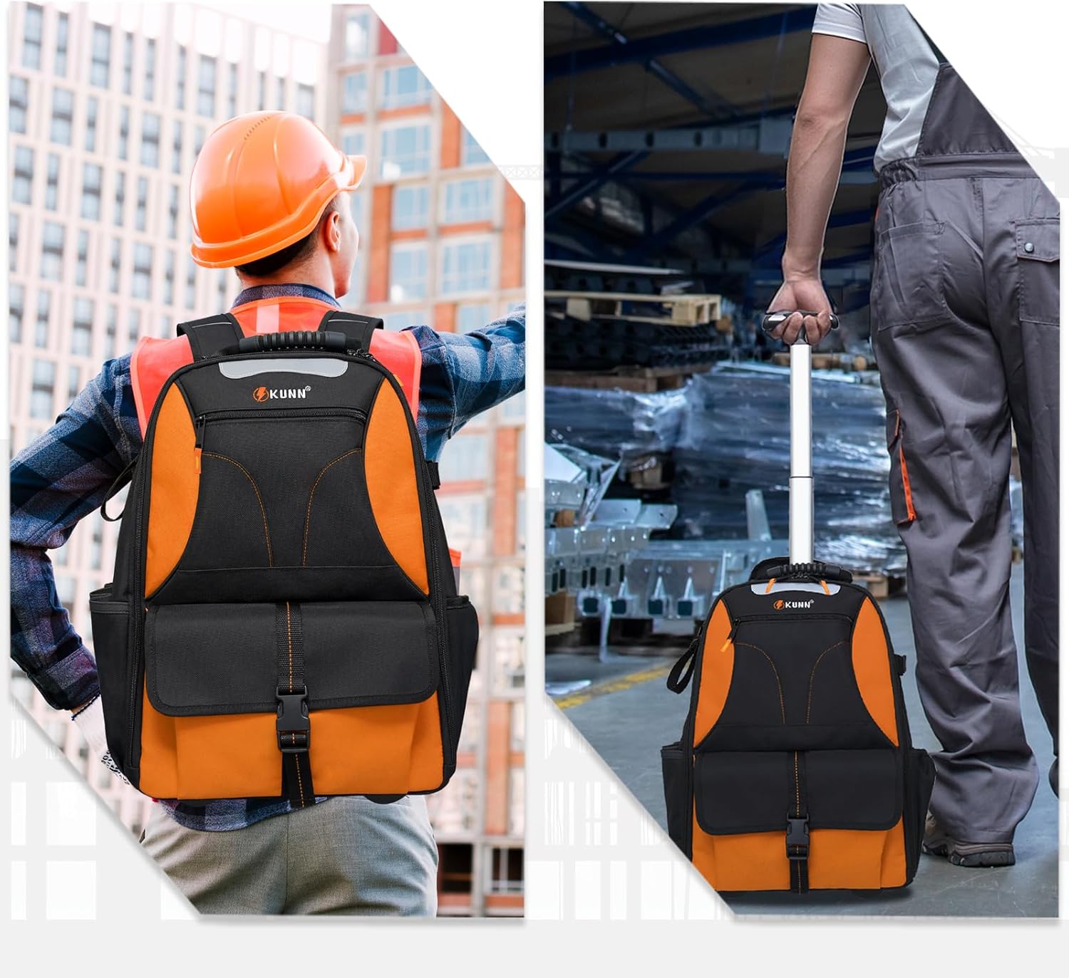 KUNN Rolling Tool Backpack, Heavy Duty 37-Pocket Tool Bag with Wheels for Electrician Construction HVAC, Orange