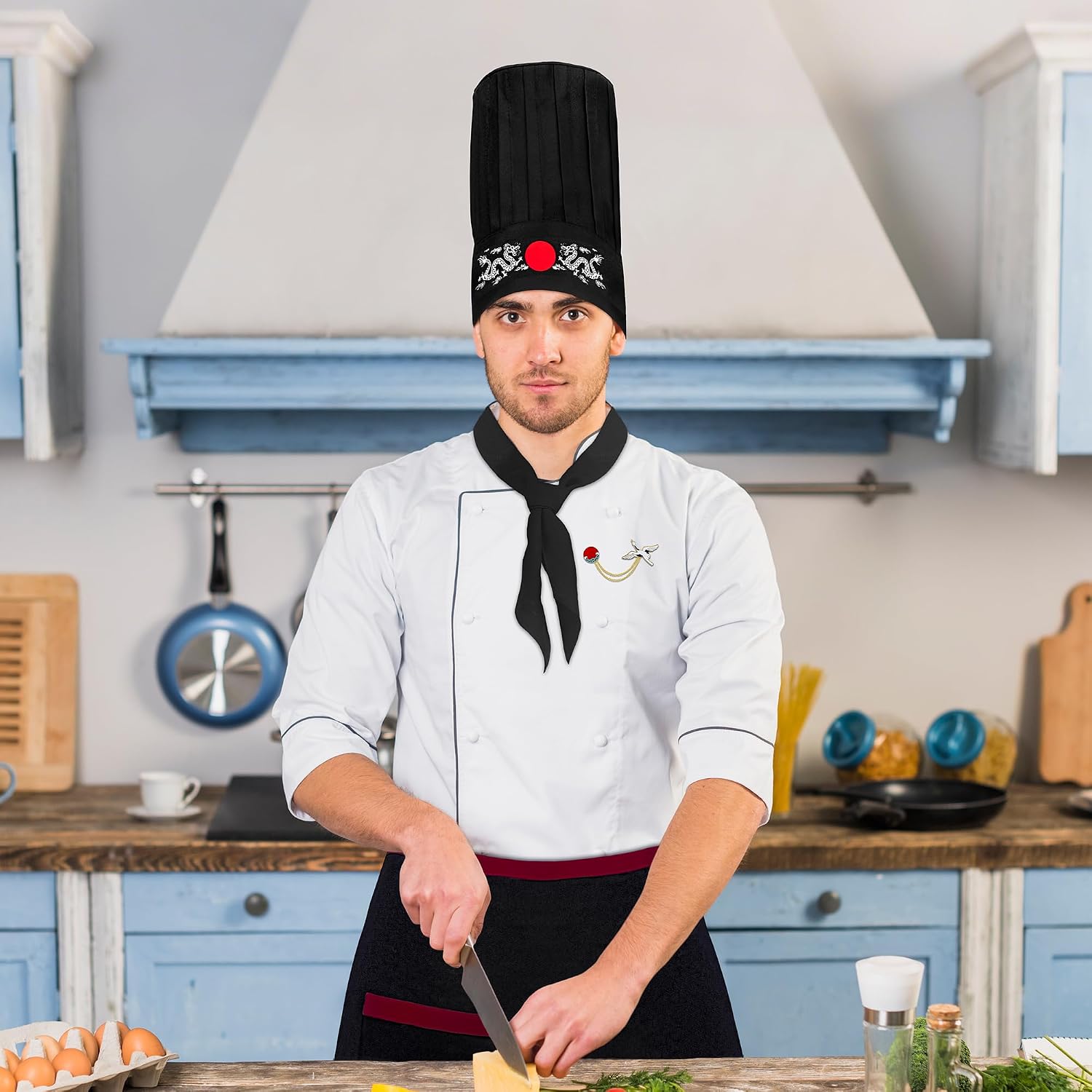 Hibachi Chef Hat And Apron Set, Hibachi Chef Costume Outfit Accessories Sushi Chefs Uniform with Sushi Chefs Hat for Men Women for BBQ Cuisine Birthday Party Decor