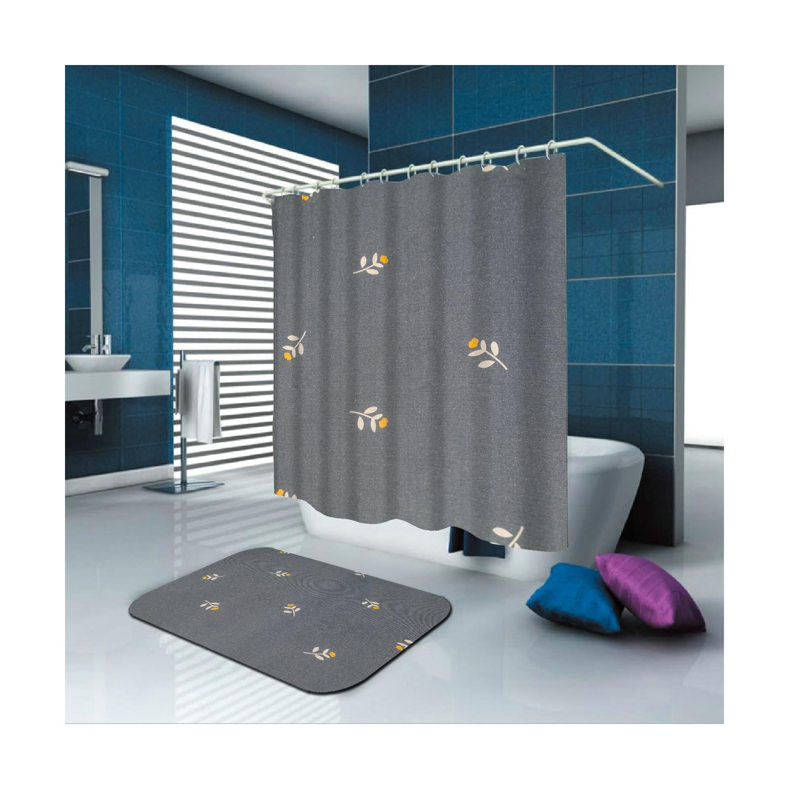Rideau de douche gris 90x180 motif floral lavable en polyester
