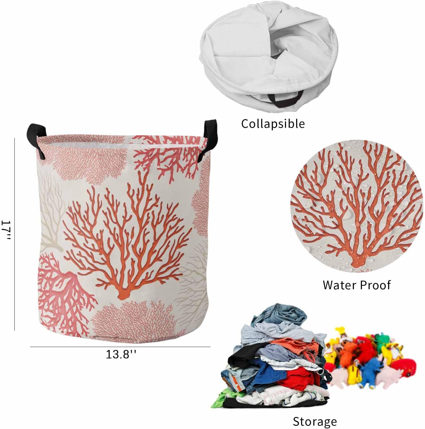 Laundry Basket Hamper with Handles, Ombre Pink Ocean Coral Waterproof Laundry Bin Foldable Clothes Basket for Storage Clothing Abstract Geometric Texture 13.8x17 Inch