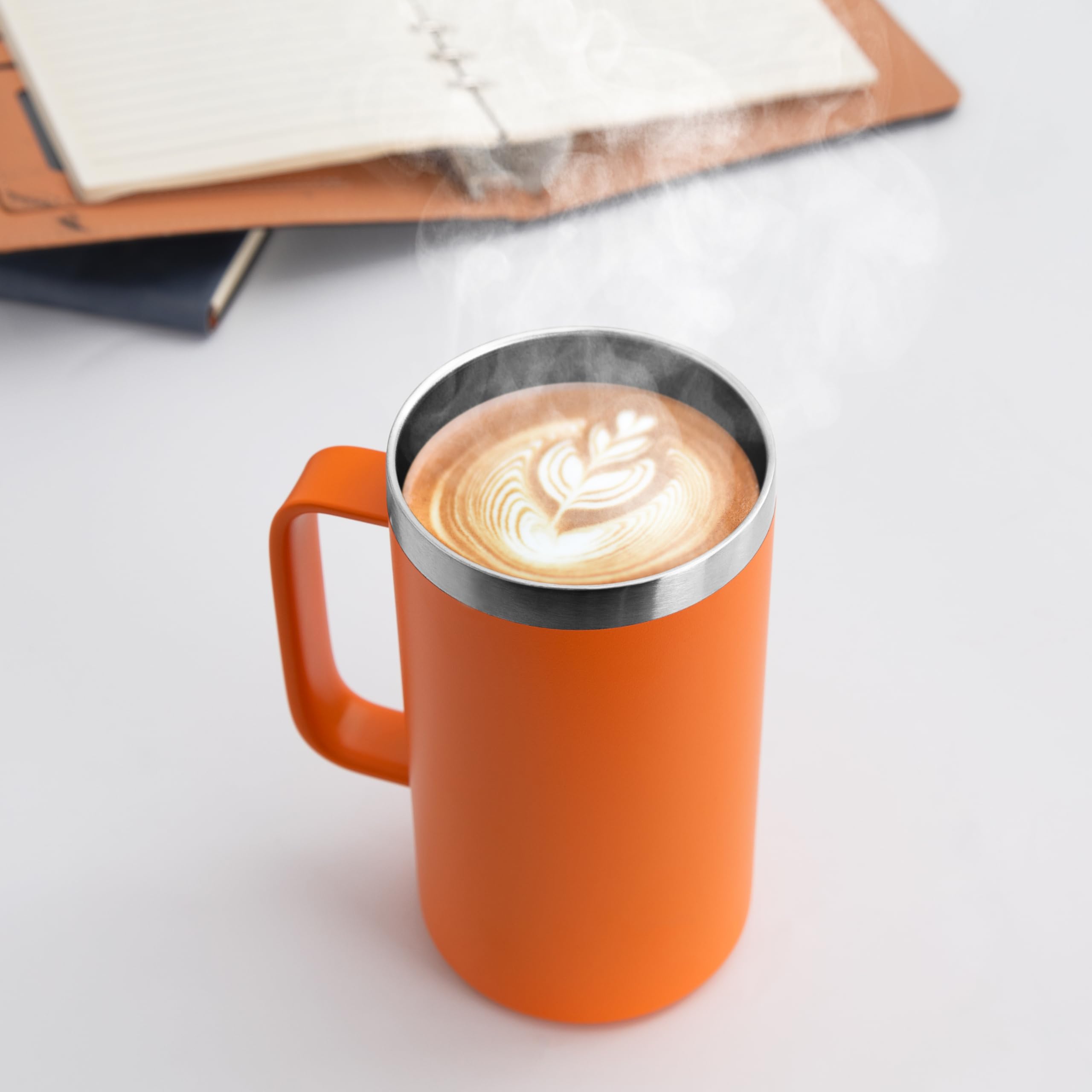 DOMICARE Taza de café de acero inoxidable de 24 onzas con asa y tapa, taza de viaje con asa, vaso de café al vacío de doble pared, taza aislada reutilizable, naranja, paquete de 8
