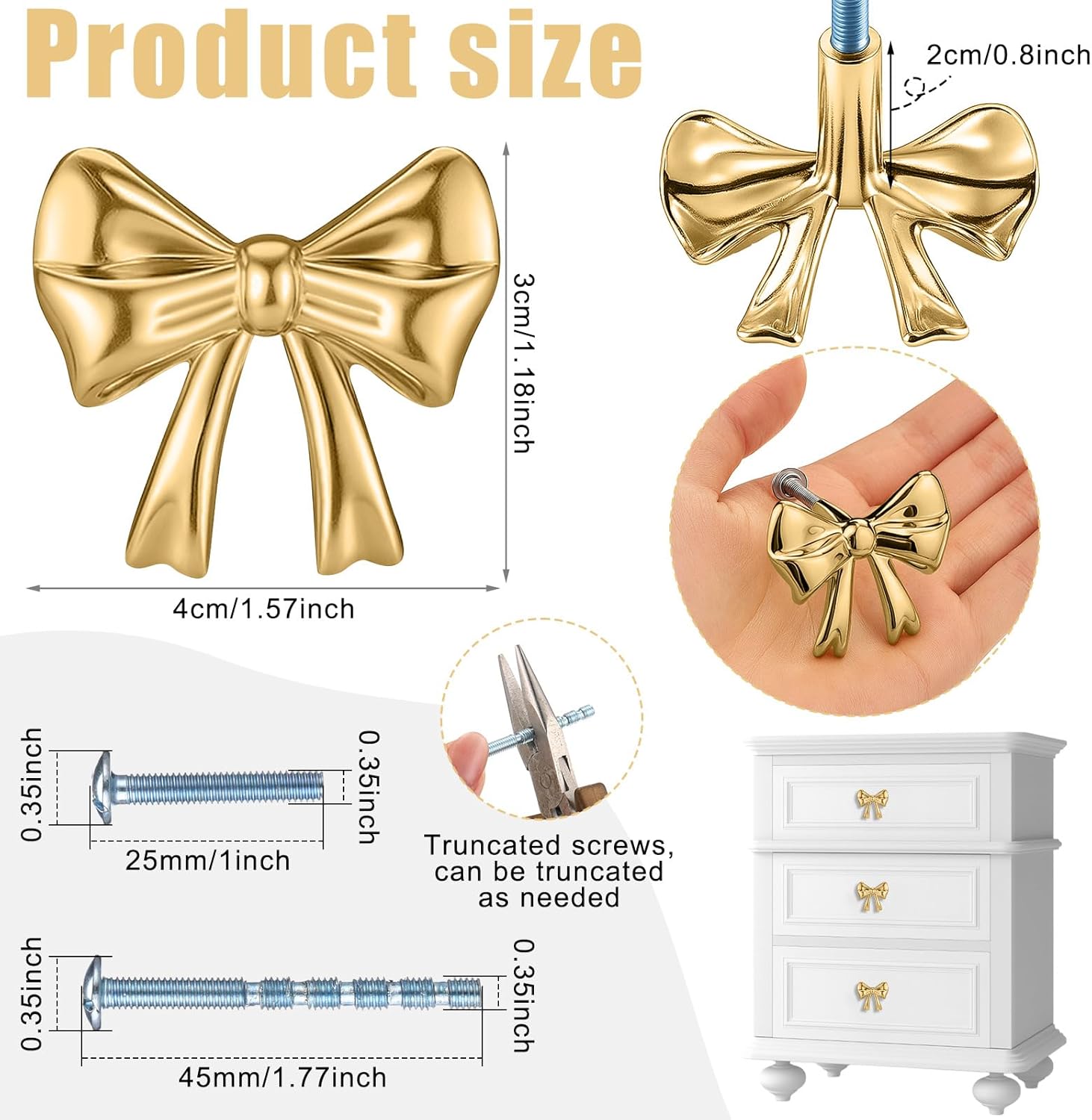 Hotop 45 Pack Bow Dresser Knobs Gold Cabinet Drawer Knobs with 2 Kinds Screws for Hardware Dresser Kitchen Drawer Aluminum Alloy Oxidation Wire Drawing Handle, 1.57" x 1.18" (Brushed Gold)