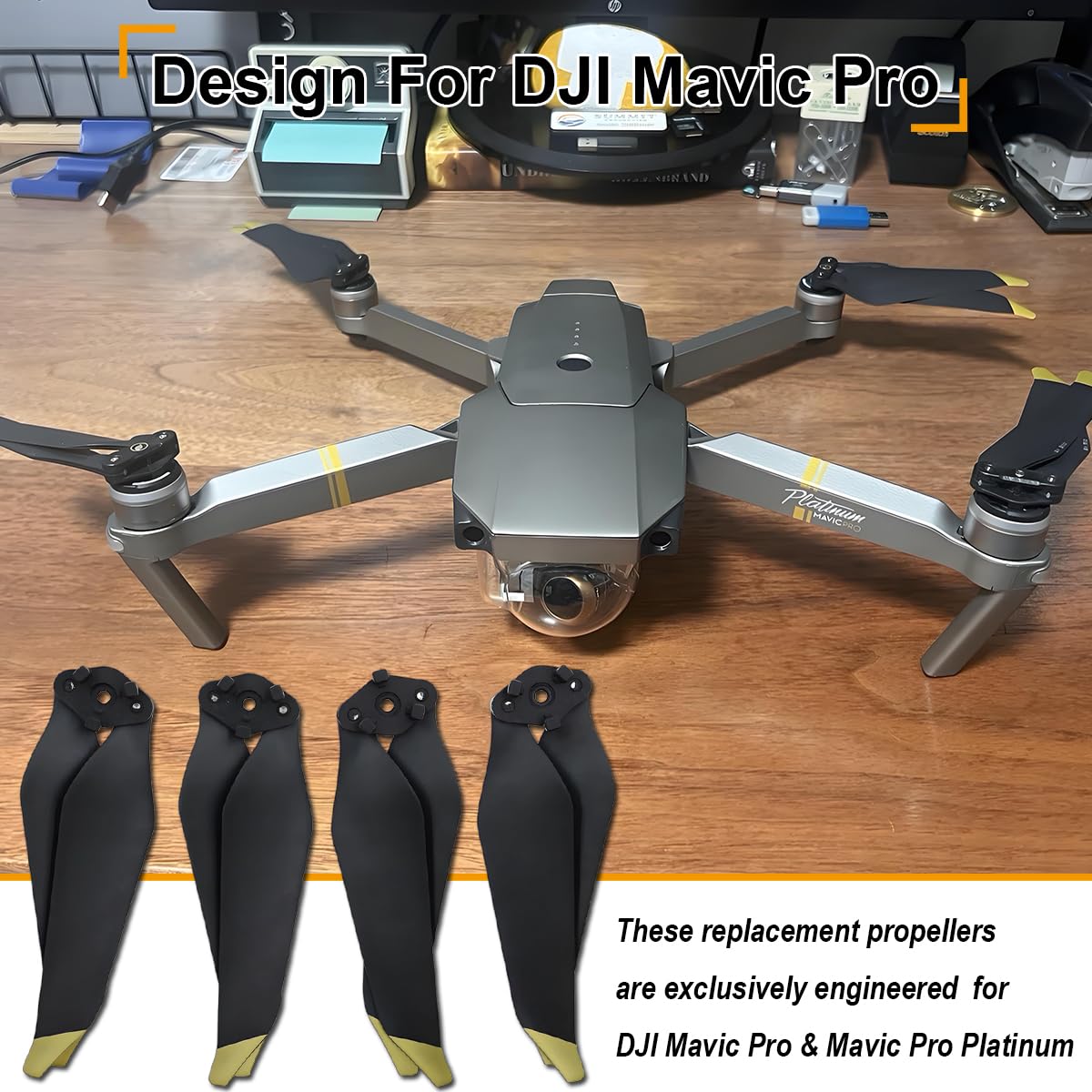 Śmigła do DJI Mavic Pro & Mavic Pro Platinum - 8331 8331F niski poziom hałasu, szybkie zwalnianie, wymienne ostrza drona, 2 pary (4 ostrza), czarne, ze złotym paskiem, pasek uchwytu śmigła