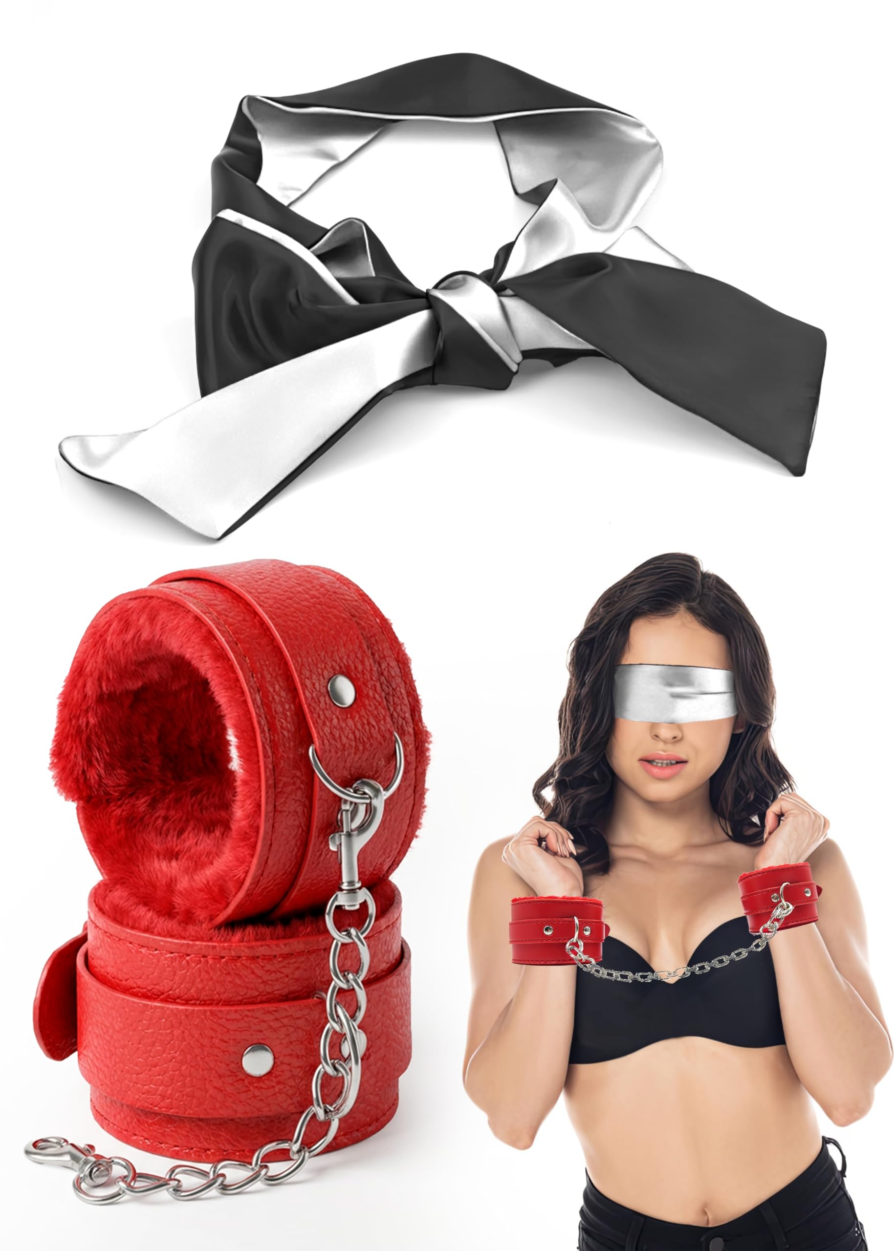 Red Fluffy Handcuffs with Chain, Padded Cuffs for Grownups, Adjustable Soft Satin Eye Mask Blindfold for Women 59 in x 2.8 in