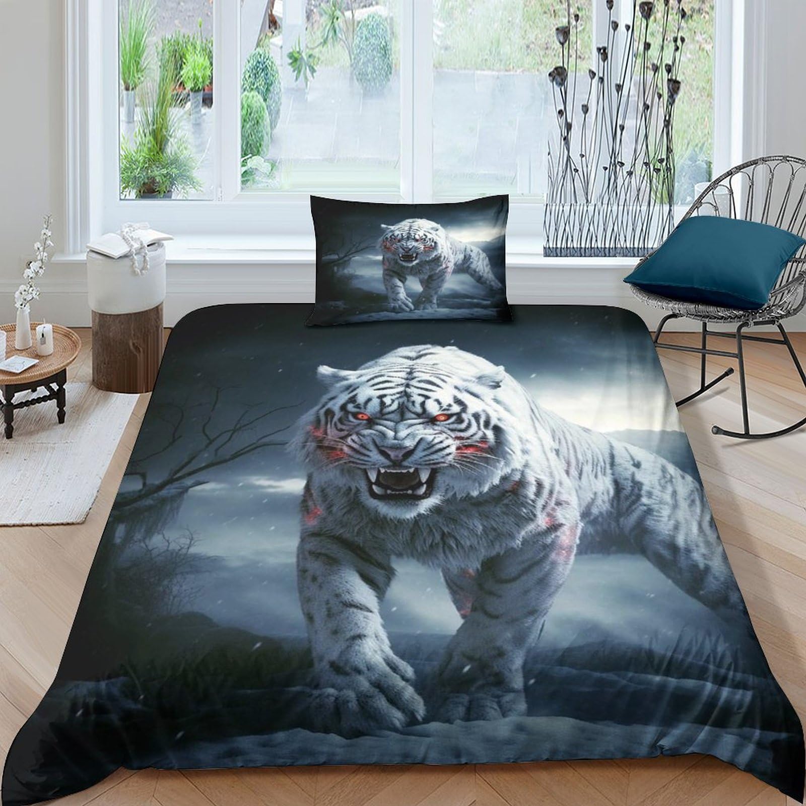 VesFy 2Pcs 3D Printed Effect White Tiger Comforter Cover For Boys Girl Teenagers Animal Quilt Cover Printed Microfibre Duvet Cover Set with Pillowcases Cases Quilt Bedding Set Single（135x200cm）
