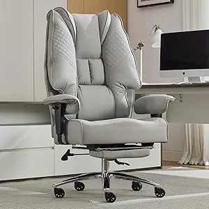 Big and Tall Office Chair 400lbs Wide Seat, Leather High Back Executive Office Chair with Foot Rest, Ergonomic Chairs Lumbar Support for Lower Back Pain Relief (Light Grey)