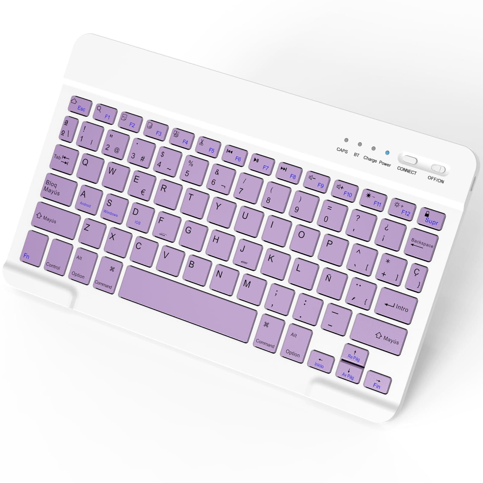 Teclado Bluetooth Español, Teclado Recargable USB-C, Diseño QWERTY Español Ñ Teclado inalámbrico Bluetooth para iPhone de iOS, iPad, iPhone, Samsung, Lenovo, Huawei, Android,Windows,Luz Púrpura