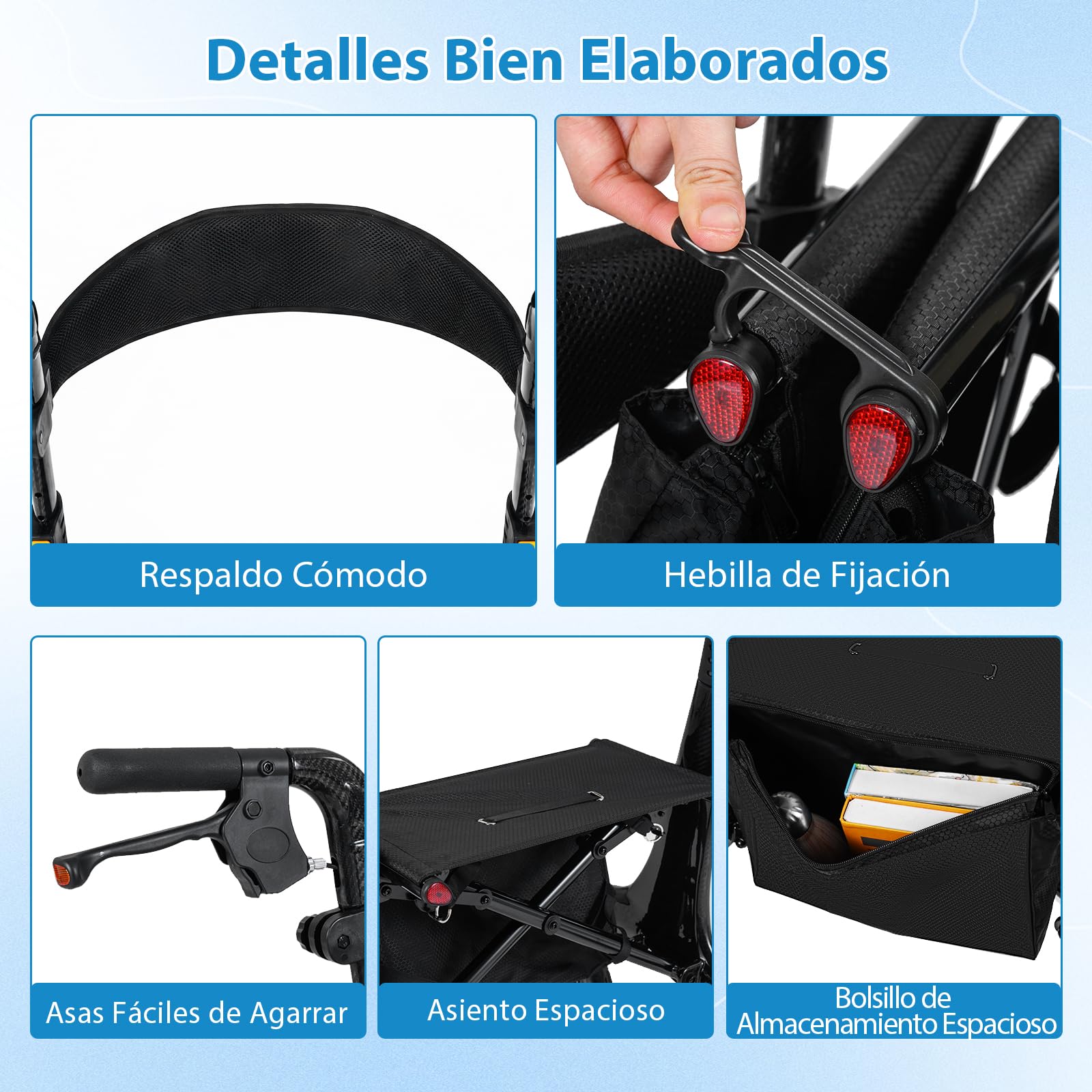 COSTWAY Andador Plegable para Ancianos, Caminadores para Mayores con Asiento, Estructura de Fibra de Carbono, 4 Ruedas de 20 cm, Altura Ajustable, Bolsillo, Tacataca para Ancianos, Carga 136kg
