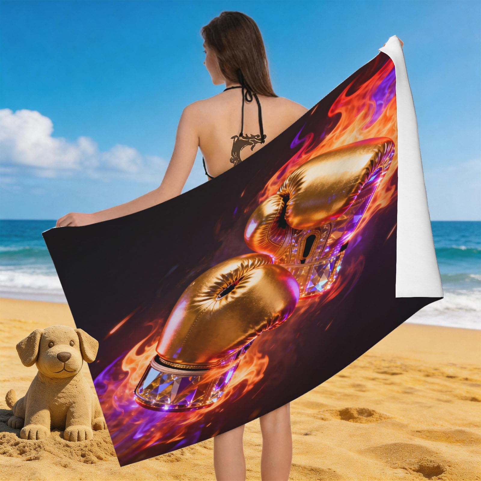 Leichong 3D Golden Boxing Gloves Beach Towel Large Microfiber Soft Quick Dry for Adults, Extreme Sport Bath Towel Lightweight Soft Absorbent for Travel Swimming Pool Sports, 80 x 160 cm