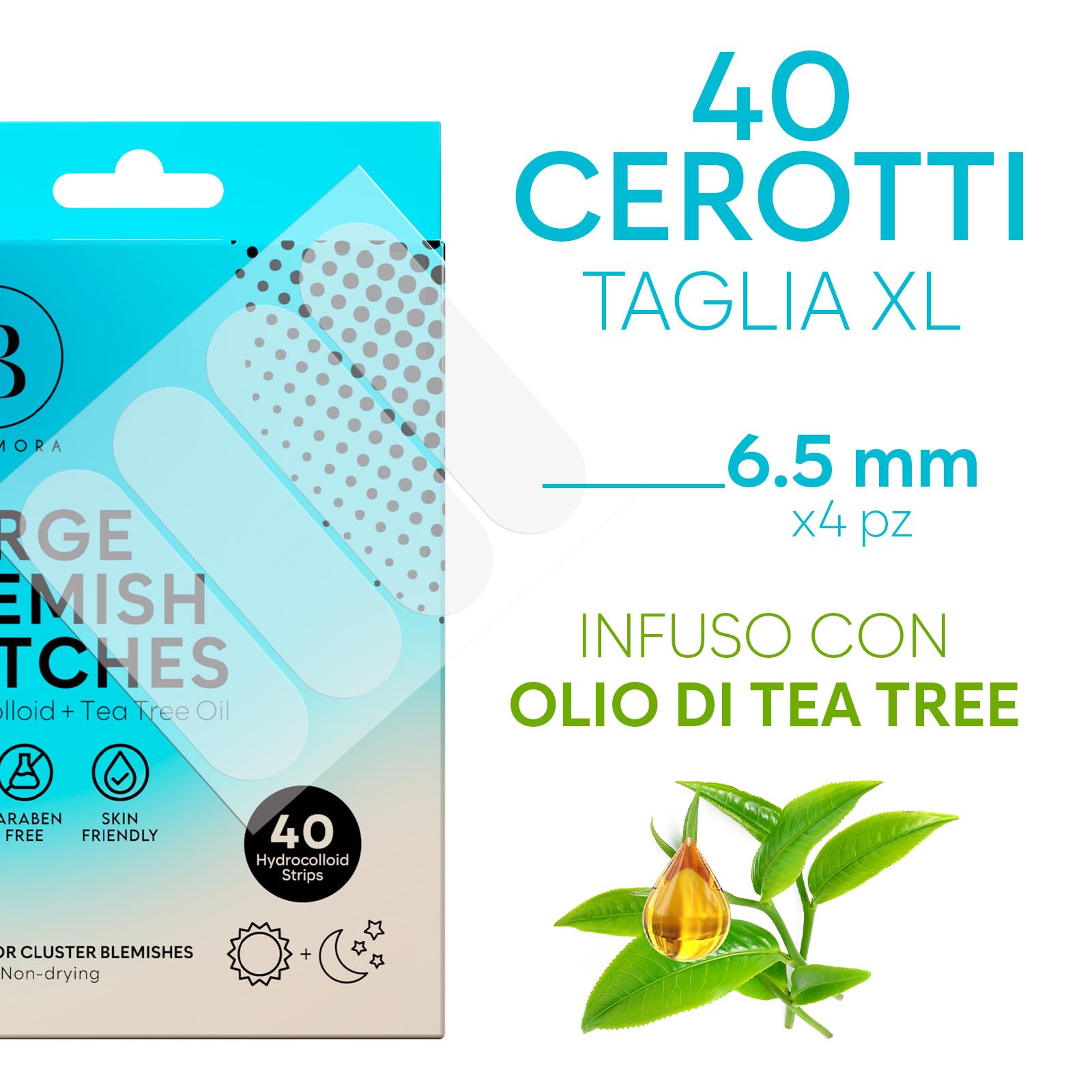 BLOOMORA Patch Brufoli Grandi – Hydrocolloid Pimple Patch con Olio di Tea Tree, Cerotti Brufoli per Viso e Corpo, Ideale per Aree Estese (40 Pezzi)