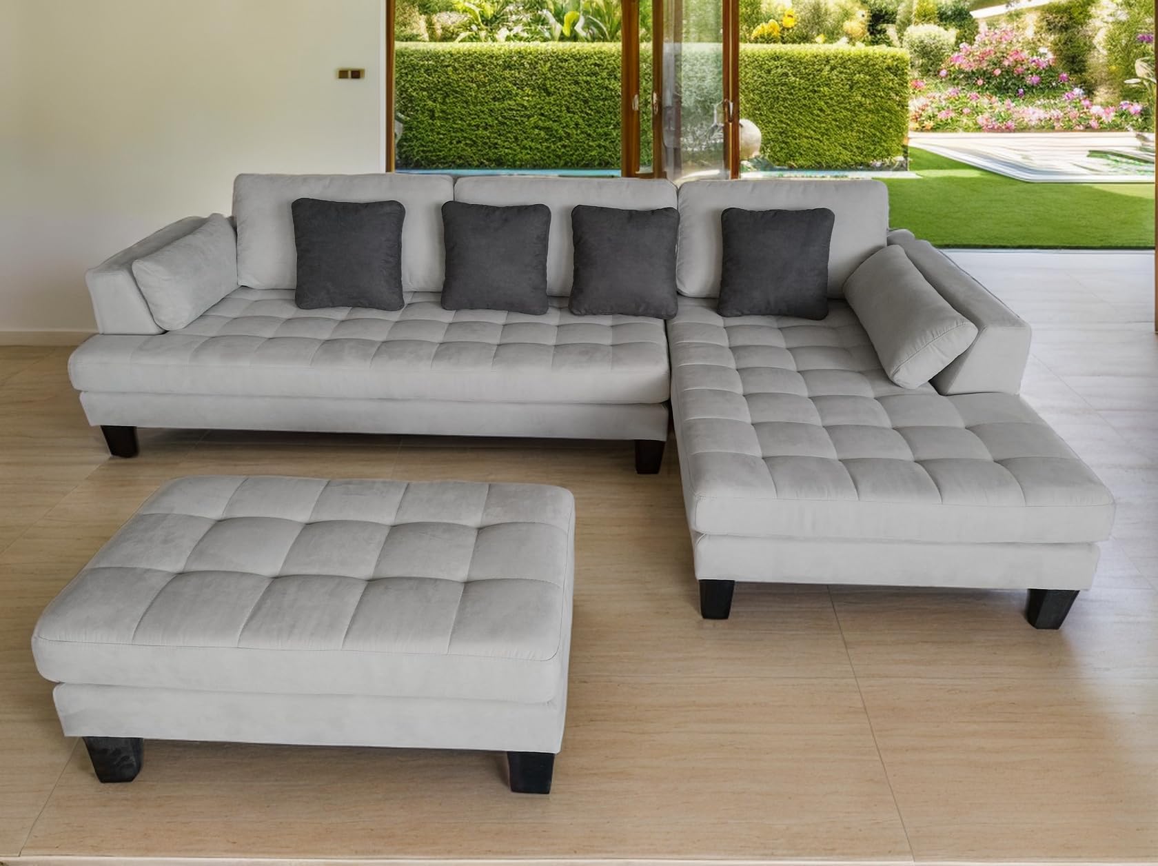 Stendmar 3pc 120" L Shape Removable Cushion Contemporary Light Grey Microfiber Fabric Sectional Sofa Couch Set S168RG (Gray, Right Hand Facing)