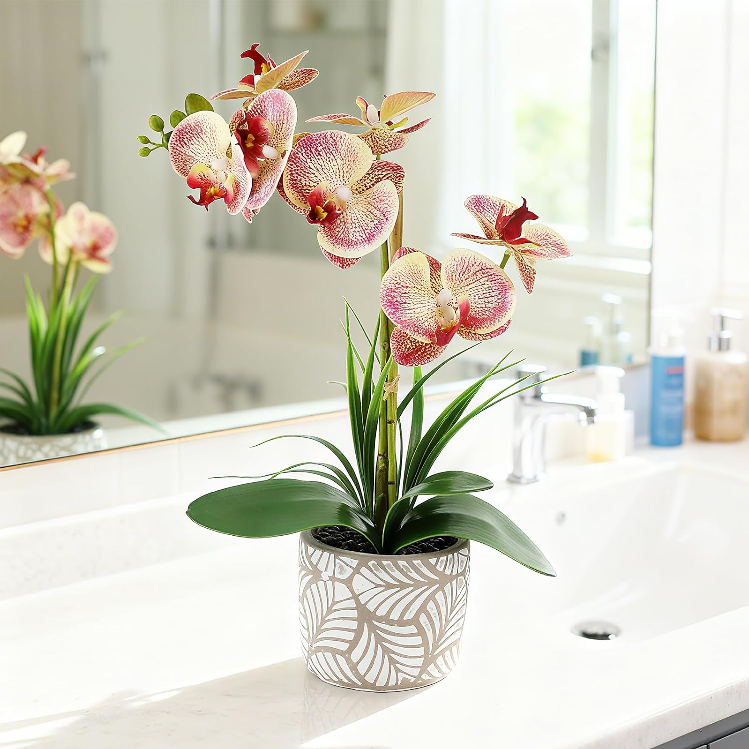 Artificial Orchid Flower Plant, 14.9'' Real Touch Artificial Orchid Pink with Ceramic Vase, Fake Orchids Flowers Decor for Indoor/Home Wedding/Office/Table Centerpieces Arrangements
