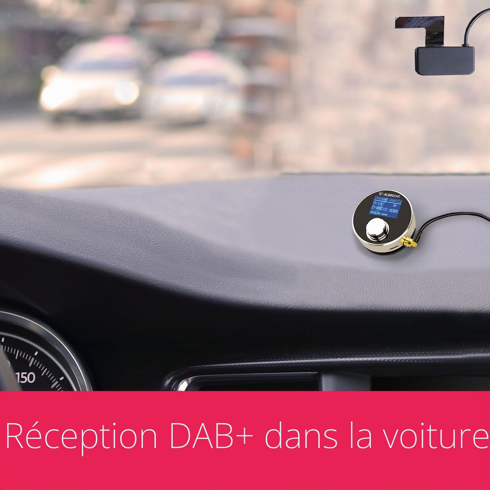 Albrecht Adaptateur radio numérique DR 54 DAB+ pour autoradio ou salon, 27259, transmission sans fil via émetteur FM, sortie auxiliaire, couleur argent/noir, bouton-poussoir