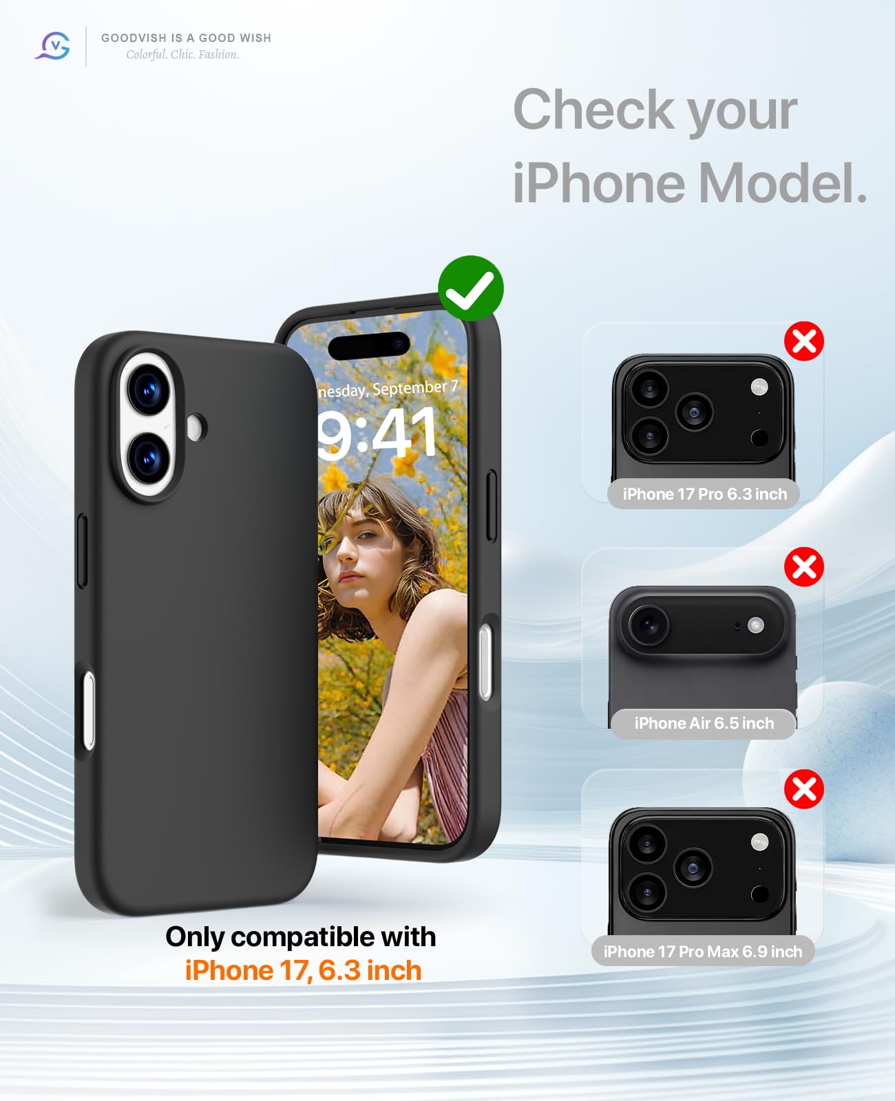 GOODVISH 3 in 1 Silicone Cover per iPhone 17 6.3", Custodia con 2 Pellicola Vetro Temperato [Protezione Fotocamera] 360° Protezione Anticaduta Case per Cellulare Antiurto Resistente, Nero