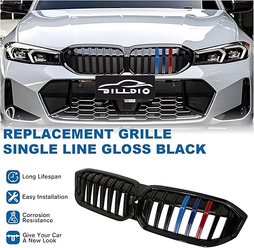 Miniatura 64 de Rejilla frontal negra brillante compatible con BMW Serie 3 G20 2019 2020 2021 2022 316i 318i 320i 328i 330i 330i 335i 340i Doble lamas negro