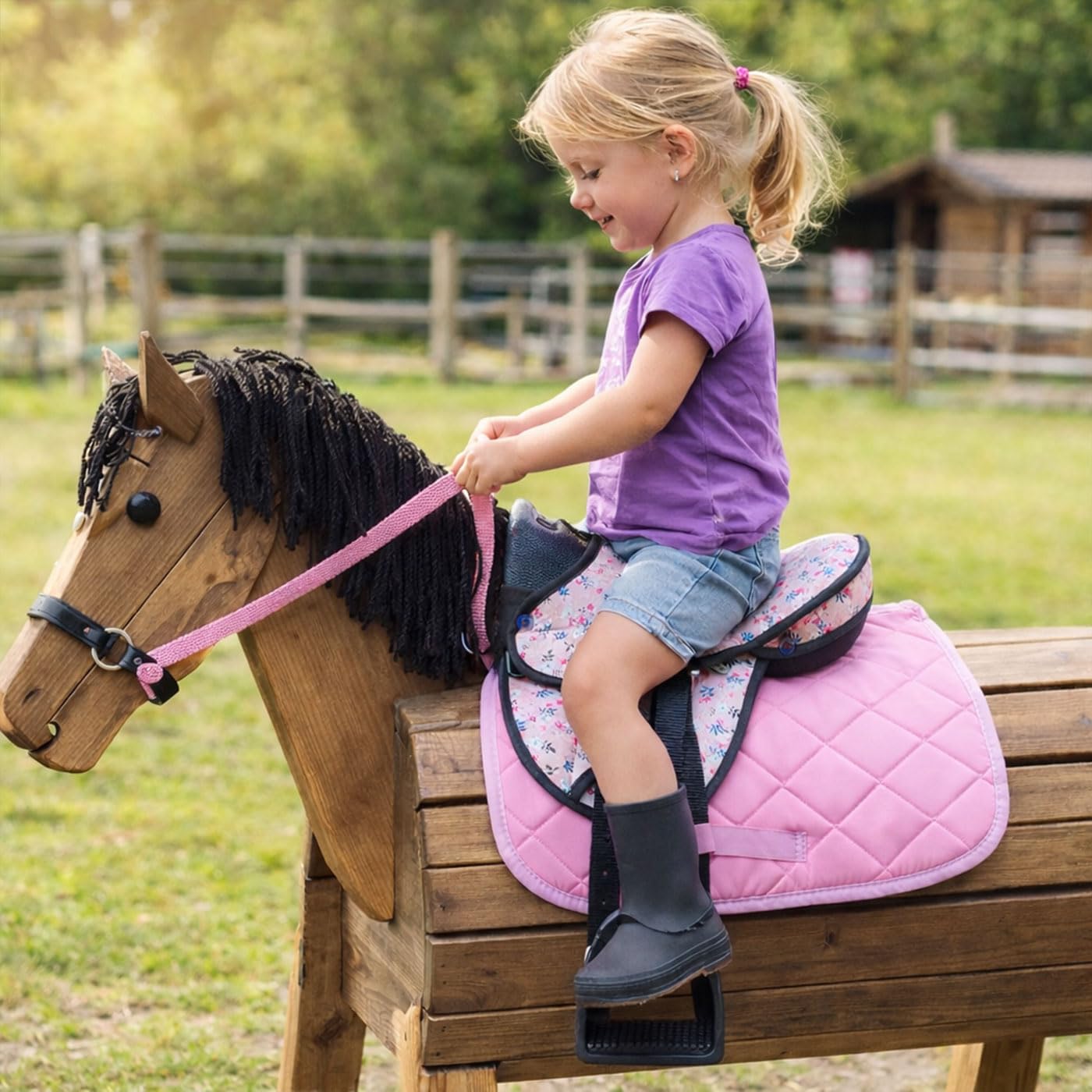 Brama West Holzpferd Sattel Set „My Happy Pony“ | Sattel für Shetty Pony Holzpferd | mit Satteldecke, Sattelgurt, Steigbügel & Steigbügelriemen | Sattel Flower/Decke Pink