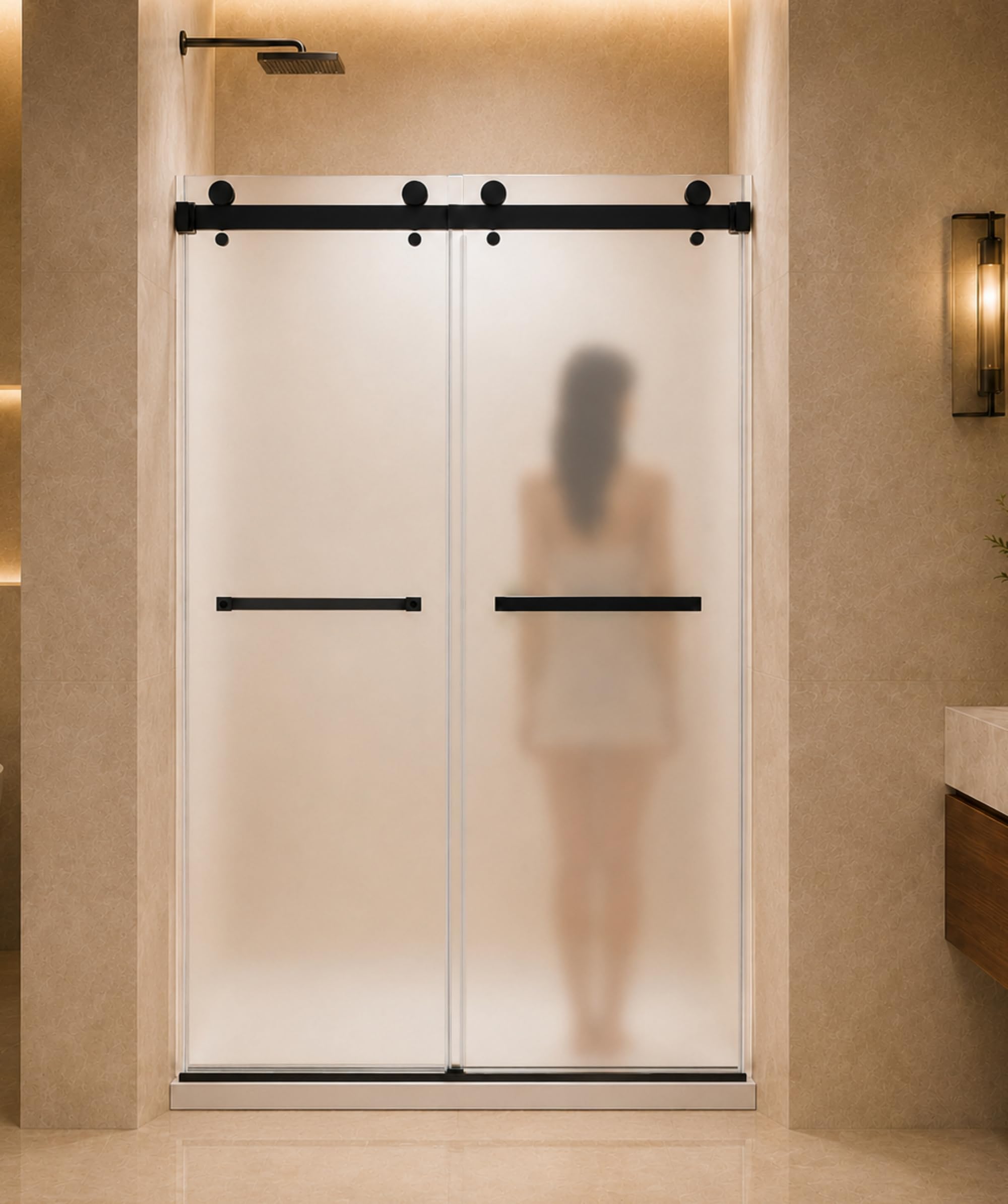 Photo 1 of Aurisal Sliding Shower Door - Frosted Glass, Matte Black, 56-60" W x 60" H