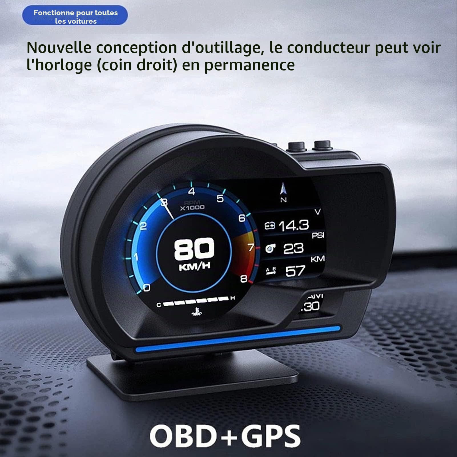 Keenso Affichage Tête Haute, OBD2 + GPS 11V-18V Jauge Intelligente Voiture HUD Compteur de Vitesse Alarme Turbo RPM pour Camion de Voiture Compteur de Vitesse