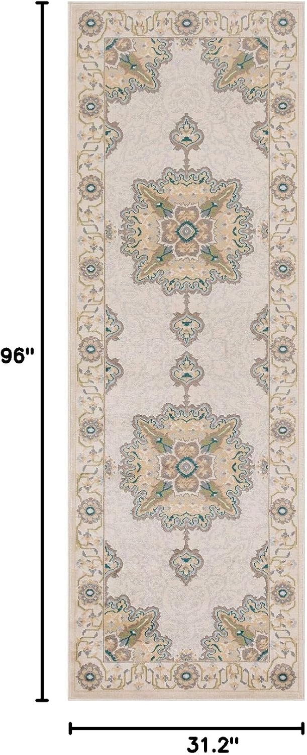 BNM Indoor Large Runner Rug with Jute Backing, Great for Entryway, Living Room, Kitchen, Bedroom, Hallway, Perfect for Hardwood Floors, Traditional Medallion Indoor Runner Rug, 2' 7" x 8', Beige