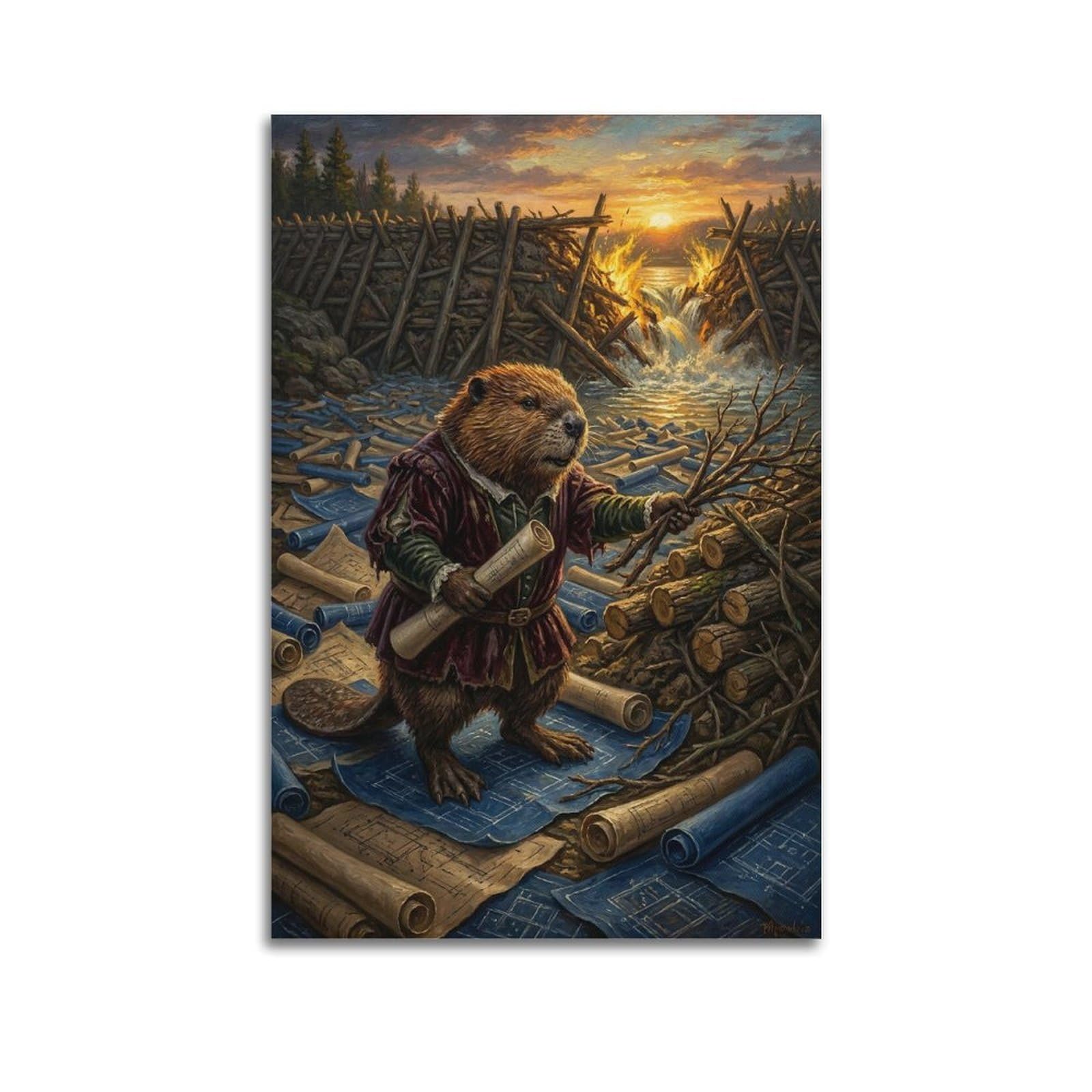 XKUGA Surreal Vintage Animal Poster Beaver Endless Repair Satire Modern Decorative Canvas Prints - Ideal Wall Art for Family, Man Cave, Game Room, Boys & Girls Bedroom 24x36inch(60x90cm)