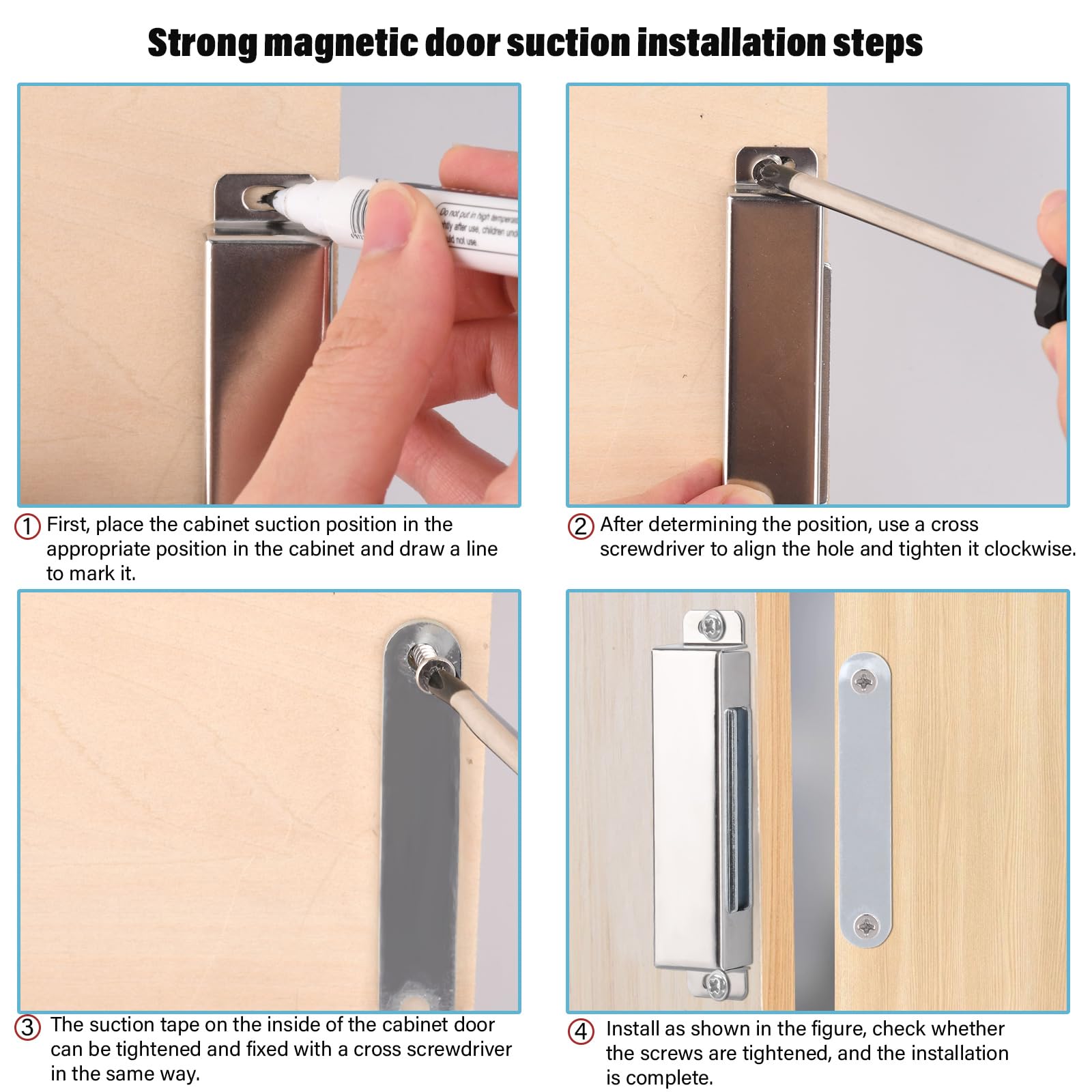 MIN CI Paquete de 4 cierres magnéticos para puerta, imanes fuertes resistentes de 45 kg, imanes de puerta de neodimio, imanes magnéticos de acero inoxidable para armarios, cocina, baño, armario