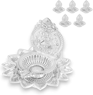LOVENSPIRE Lakshmi German Silver Diya Kamakshi Deepam Kamatchi Pack of 5 Laksahmi Oil Lamp Diwali Decoration Hindu Puja Religious Home Decor Pooja Lamp Housewarming Wedding Return Gift (3.5 inch)