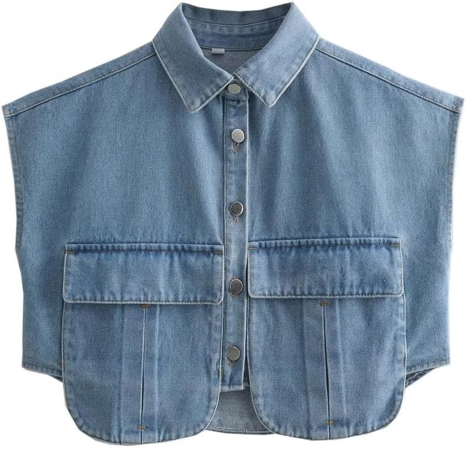 Womens Cropped Button Down Shirt Summer Collared Sleeveless Loose Denim Top with Pockets