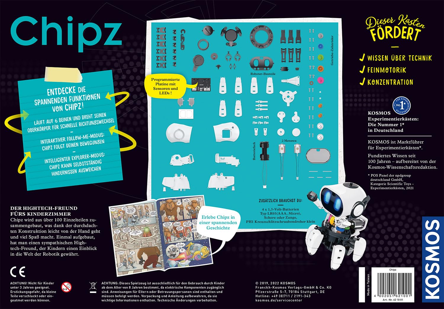 KOSMOS 621001 Chipz - Dein intelligenter Roboter, für Kinder ab 8-14 Jahre, folgt Bewegungen, weicht Hindernissen aus, mit Licht- und Soundeffekte, Roboter Spielzeug, Bausatz, Experimentierkasten