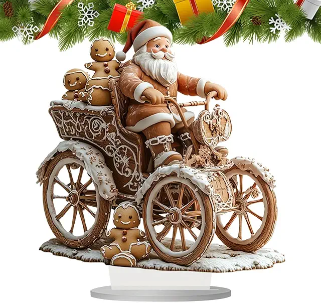 Collectible Santa Figurine: 2D Acrylic Santa Riding Quadricycle with Gingerbread Man