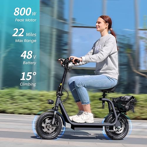 Miniatura 56 de Caroma Peak - Patinete eléctrico de 500 W/800 W/1200 W con asiento, neumático de 14 pulgadas, hasta 30 millas y 20 MPH, carga máxima de 300 libras
