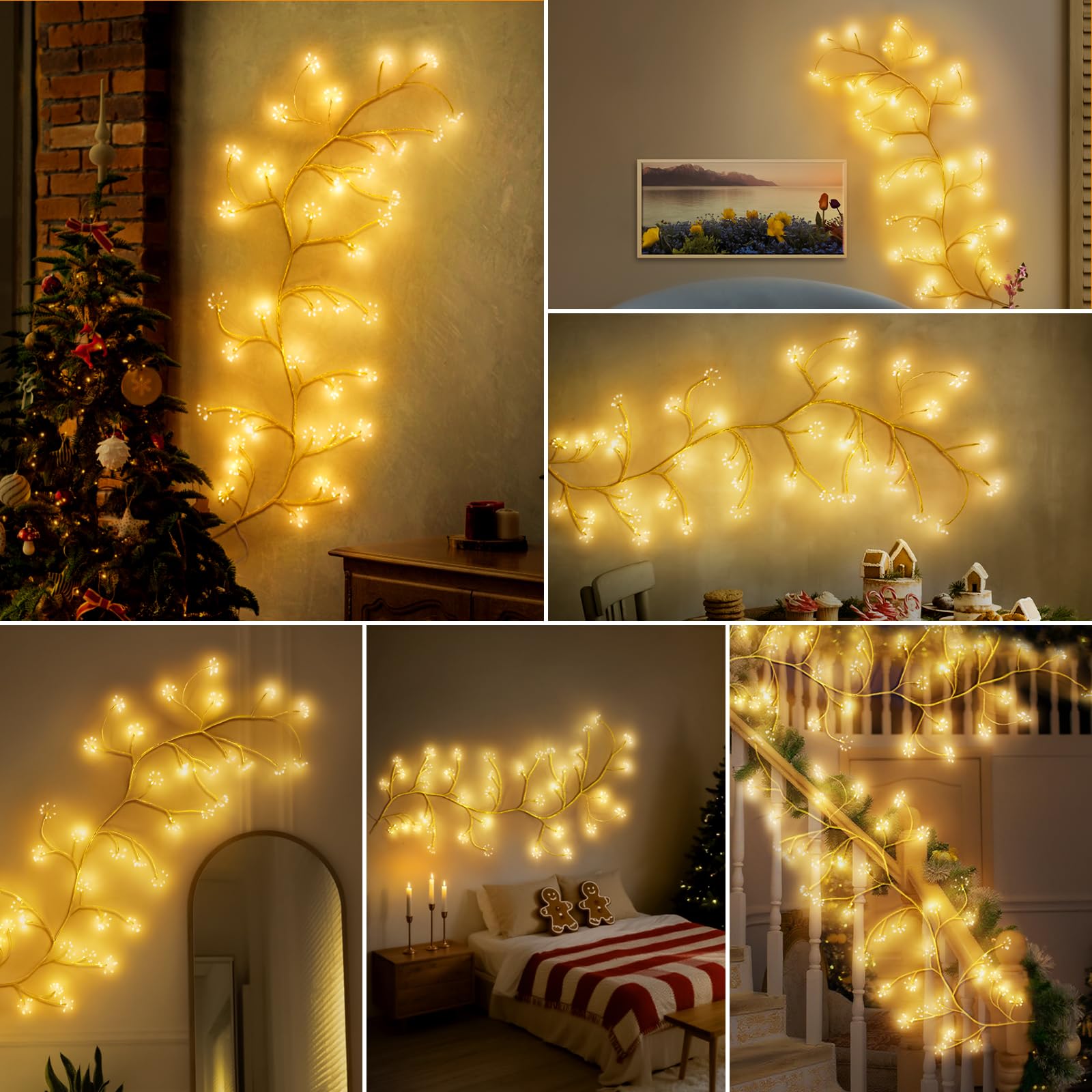 Ghirlanda Luminosa Luci a Fuochi d’Artificio, 8 Modalità Luci Albero con Telecomando e Timer, 288 LED Rami Albero Fai-da-te con Spina, Decorazione da Parete Interna per Camera da Letto e Natale