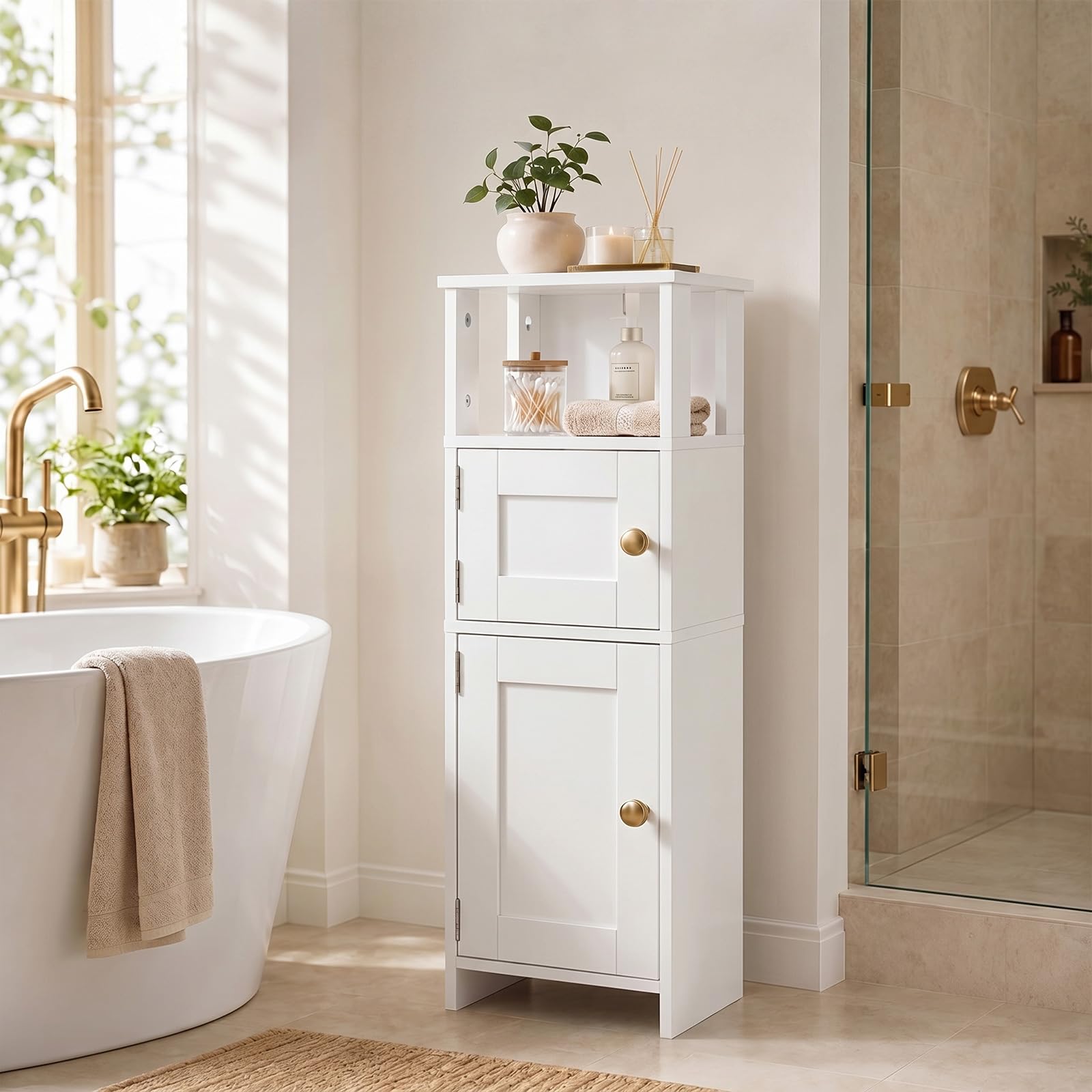 HOOBRO Armario de Almacenamiento para Baño, Mueble de Baño Estrecho y Compacto, Armario Alto Independiente con Estante Ajustable, para Lavandería, con Espacio Abierto y Oculto, Blanco EWT42BC01