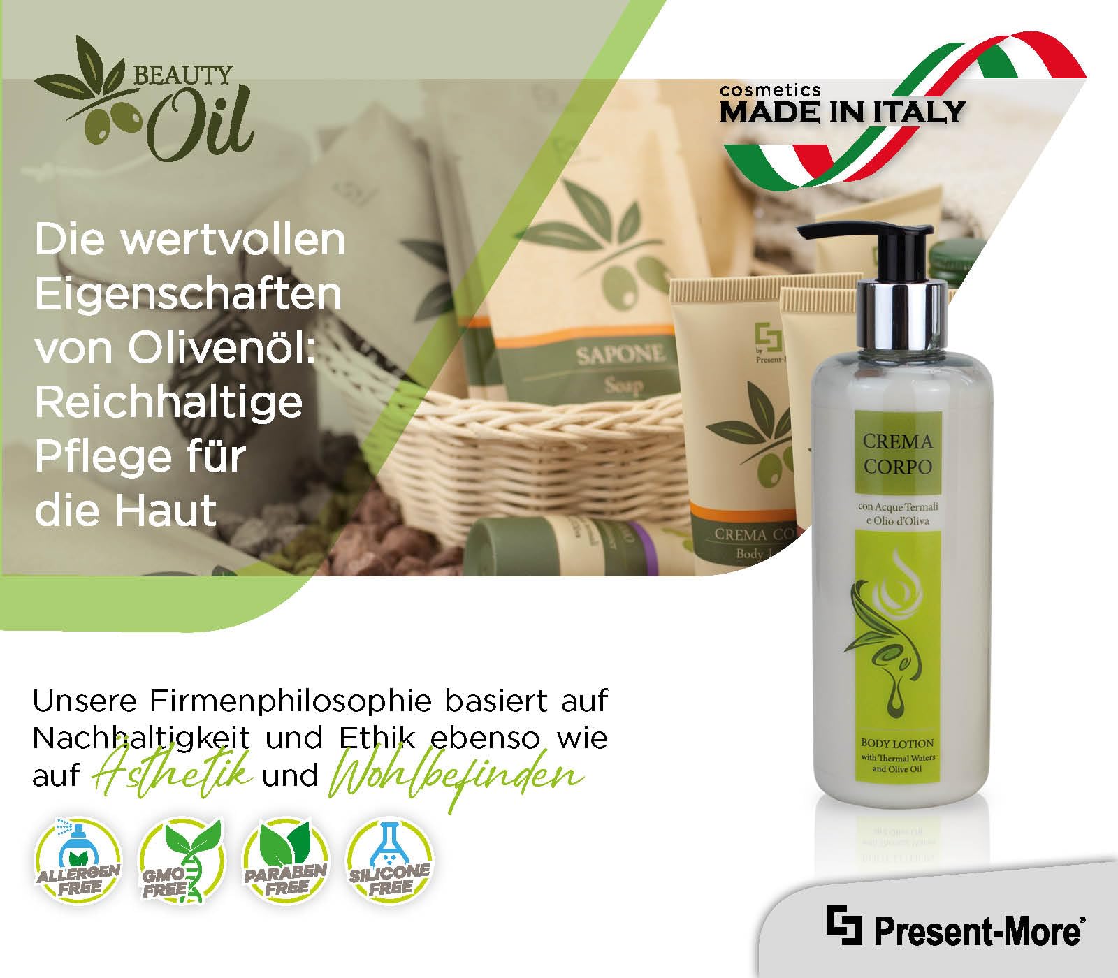 Present-More Body Lotion 300ml Beauty Oil - Körpercreme 15 Stücke für Hotels und B&B | Allergenfreie Körpercreme mit Duftnote Tahitian | Allergenfreie Body Lotion - Duft Tahitian - Made in Italy - Ideal für Hotels und B & B