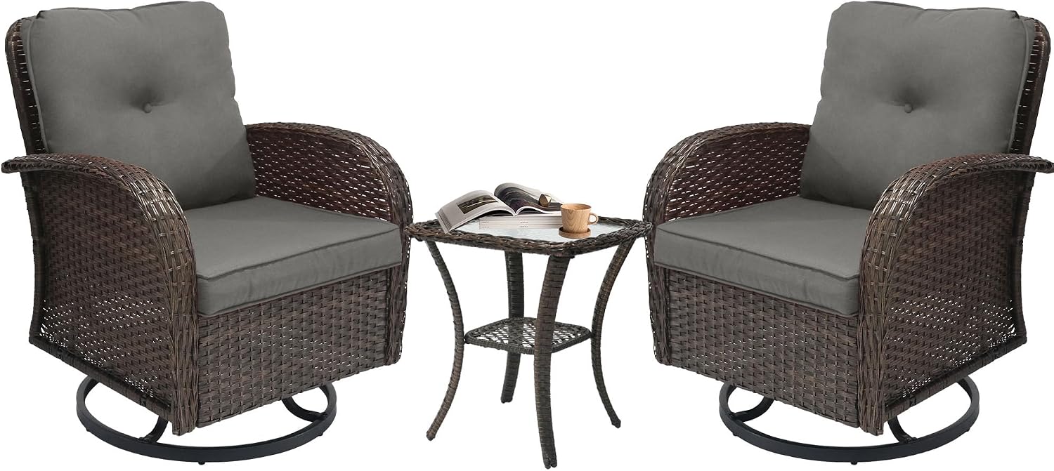 YLGJ&TIDY 3 Pieces Patio Furniture Sets Swivel Rocker Rattan Chairs Set of 2 with Cushion Side Coffe Table Wicker Patio Bistro Set Glider Chairs Table Set for Patio Balcony Backyard Outdoor, Gray-3