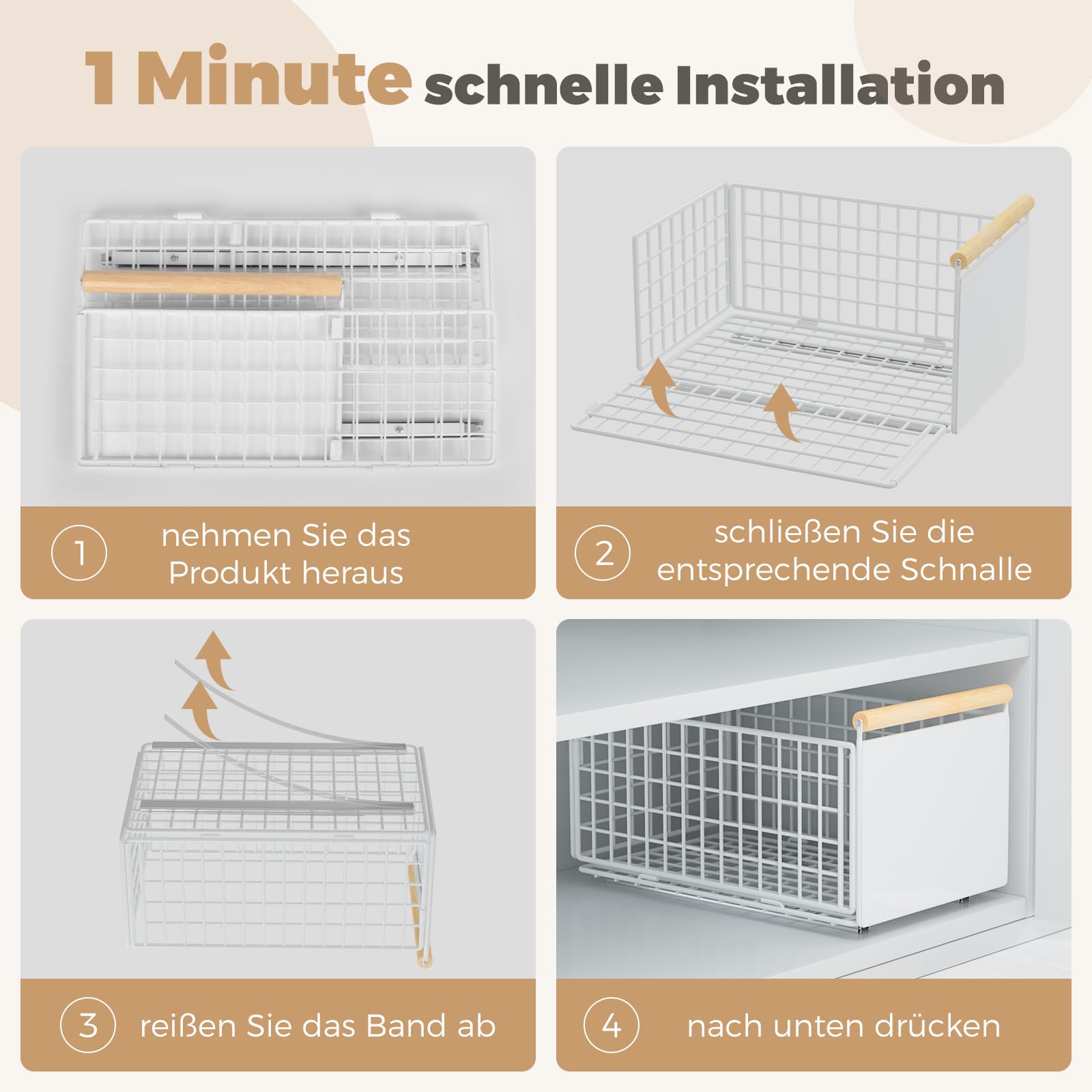 Teleskopschublade, Ausziehbare Schublade für Küchenschränke, Slide Out Cabinet Organizer mit Griff & Kleber, Schubladen Aufbewahrungsregal für Küche Pantry, Kein Bohren (L: 23.5x39.5x19.5 cm, 2 Stück)