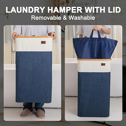 Miniatura 7 de OIAHOMY Cesta de lavandería con tapa, cesta de lavandería plegable de 100 litros con 2 bolsas interiores extraíbles, cesta de ropa con asas de