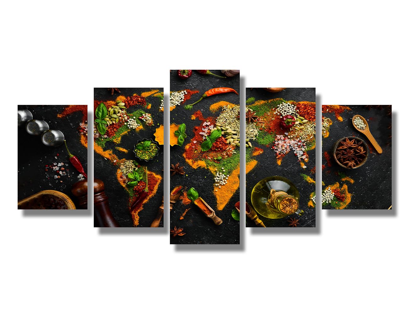 Colorful Food Wall Artr, 5 Pieces Wall Painting, Set of Spices and Seasonings Framed Canvas Wall Art, Food Wall Decor Waterproof Artwork Wall Art for Living Room Bedroom Ready to Hang 20X40 INCH