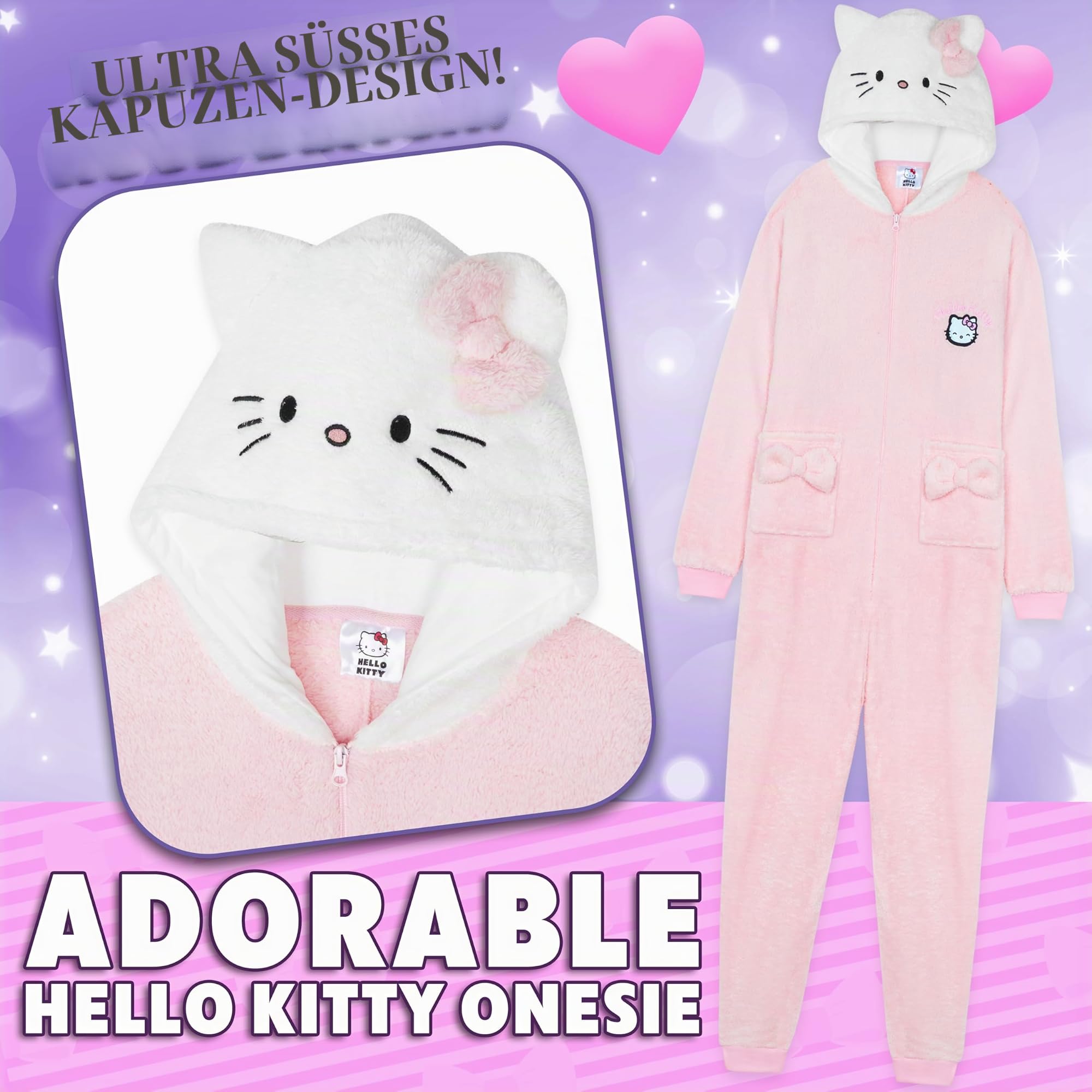 Hello Kitty Sanrio Schlafanzug Einteiler Damen Teens, Flauschiger Kapuzen Onesie Pyjama mit Taschen, Anime Geschenke für Sie
