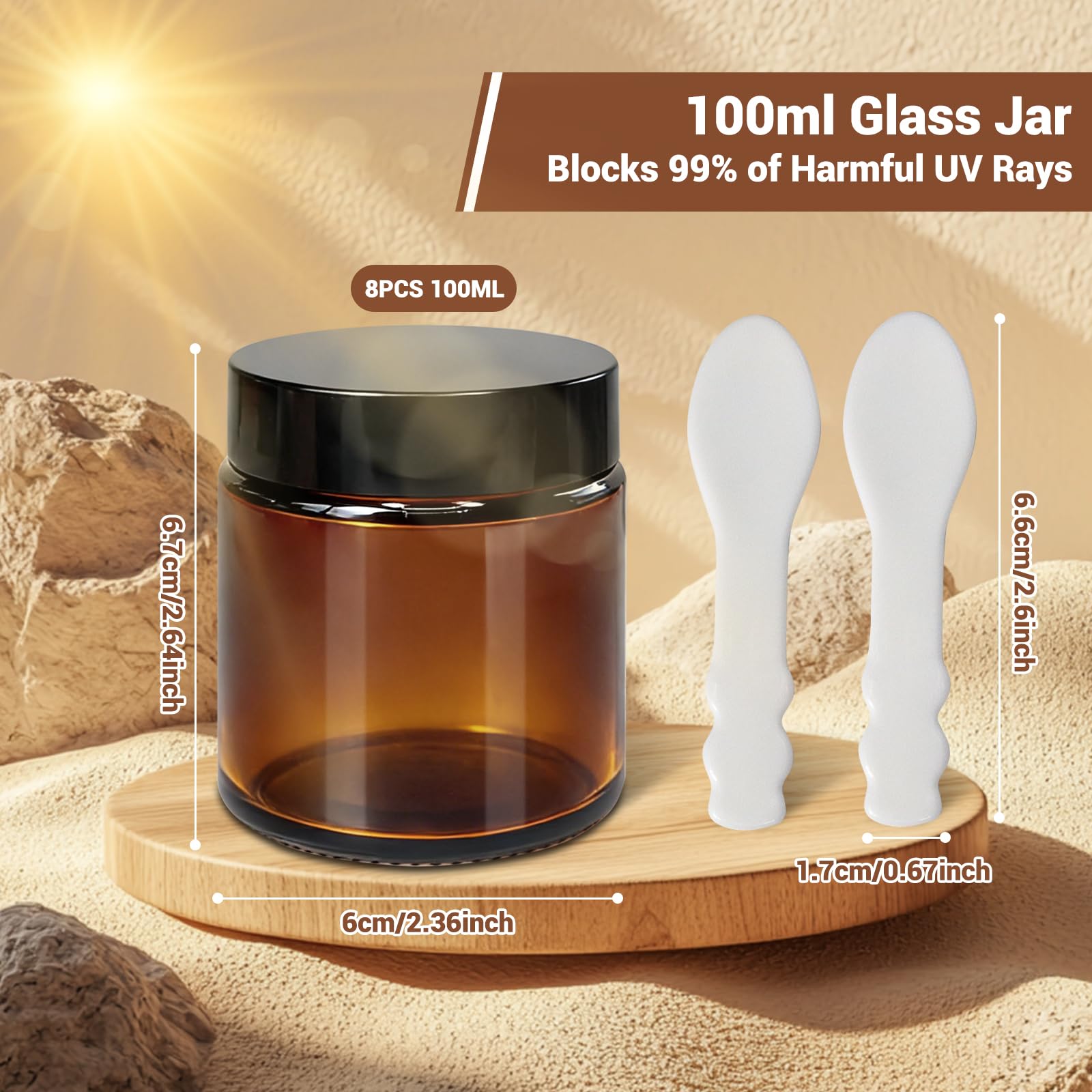 8 Pezzi Barattoli in Vetro Ambrato con Coperchio 100ml/100g, Contenitori per Lozioni Cosmetiche con Coperchio Interno a Tenuta Stagna, Bocca Larga e Liscia, Barattoli per Creme Richiudibili