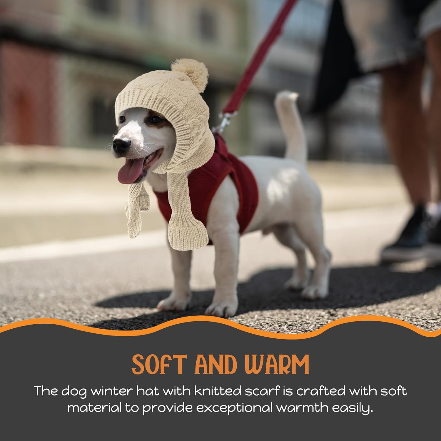 Dog Winter Hat with Knitted Scarf Warm Wool-Lined Pet Headgear for Small Dogs and Puppies Beige Winter Hat Suitable for Outdoor Cold Weather