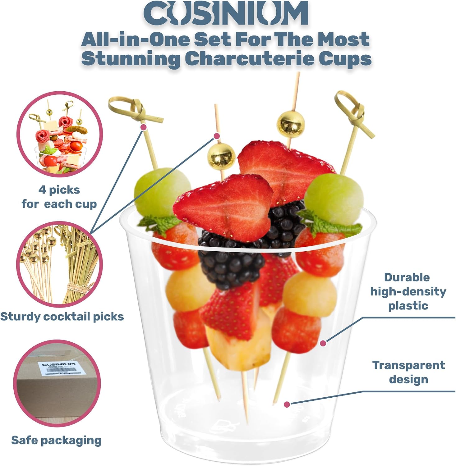 50pk 5.7 oz Plastic Clear Charcuterie Cups - 200 Cocktail Picks (2 Types) - Disposable Dessert Cups - Style: Round