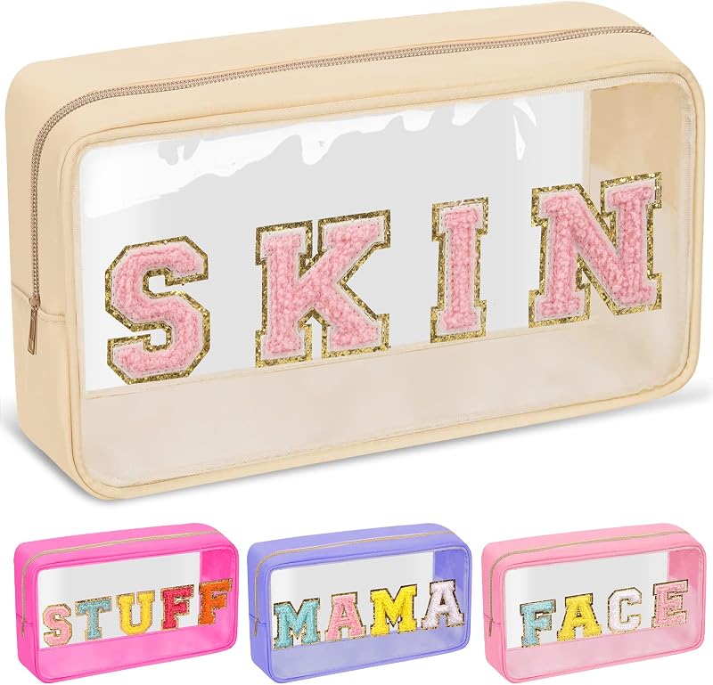Necessaire transparente izuzta com letras chenille, zíper e detalhes em nylon, SKIN-Beige