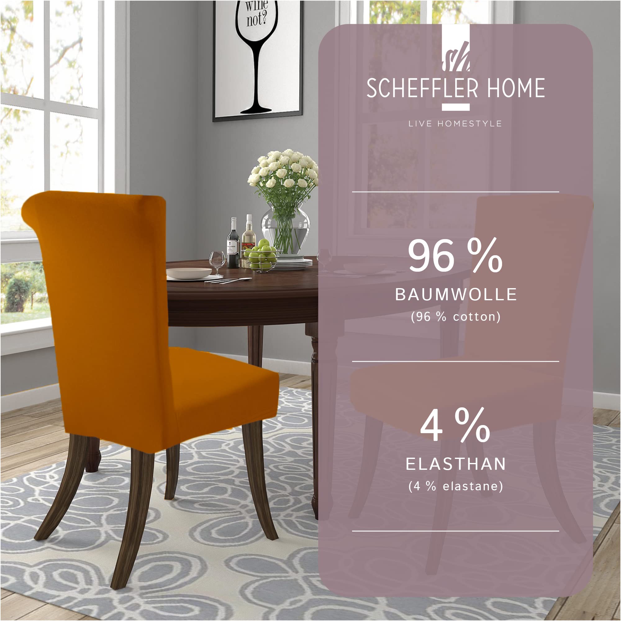 Scheffler Home Stuhlhussen Senfgelb 4er Set Jersey Baumwolle Natalie | Waschbare Stretch-Stuhlbezüge für Schwingstühle, Freischwinger und Esszimmerstühle, Öko-Tex zertifiziert