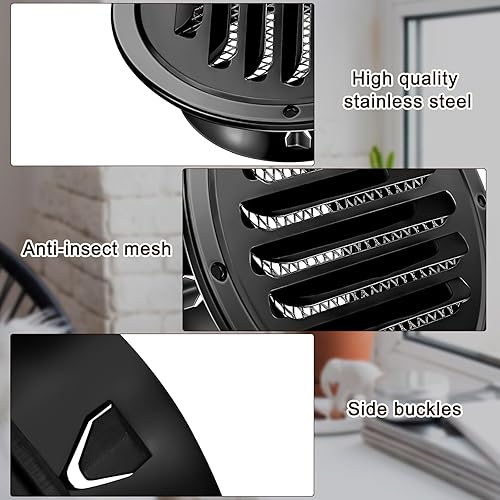 Miniatura 3 de Zonon Paquete de 4 rejillas de ventilación redondas negras de 6 pulgadas para secadora de acero inoxidable con pantalla de malla para el hogar,
