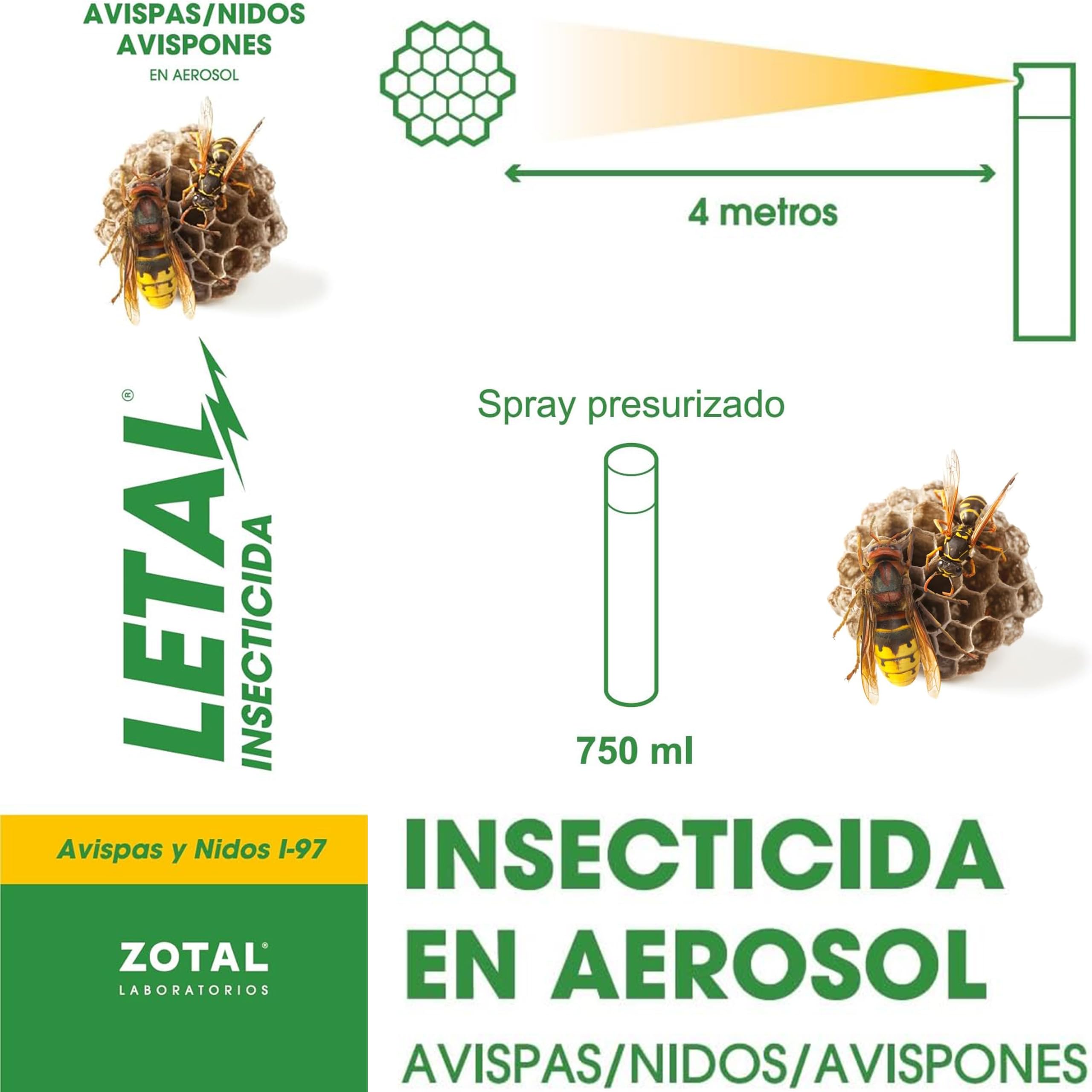 Zotal LETAL® Avispas y Nidos I-97 Aerosol Insecticida - Pack 2 Unidades de 1000 ml (2000 ml en total) | Elimina Avispas, Avispones y Nidos al Instante | Uso Interior y Exterior |
